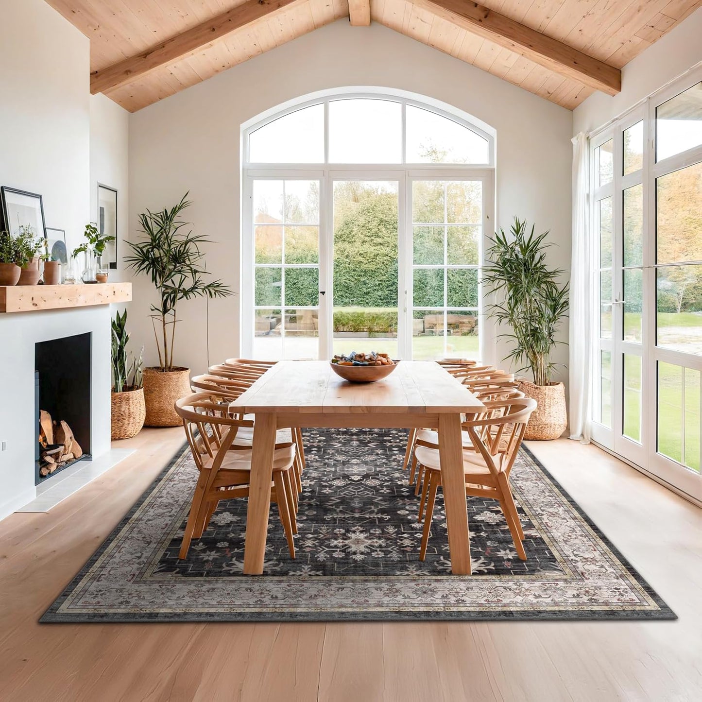 Boho Black Rug for Living Room - Washable 10x12 Area Rug, Dining Room Rugs for Under Table, Soft Low Pile Carpet for Bedroom - Farmhouse Decor, Non-Slip & Stain Resistance