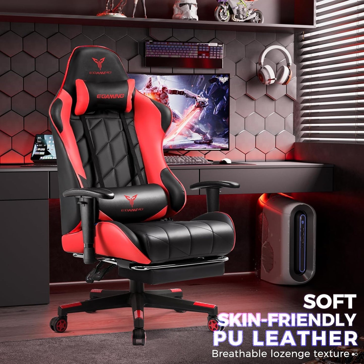 Gaming Chair with 3D Adjustable Armrests, Cow Print Design, Ergonomic Office Chair with High Back, Computer Chair with Footrest,Comfy Diamond Stitching Sest, Game Chair for Adults