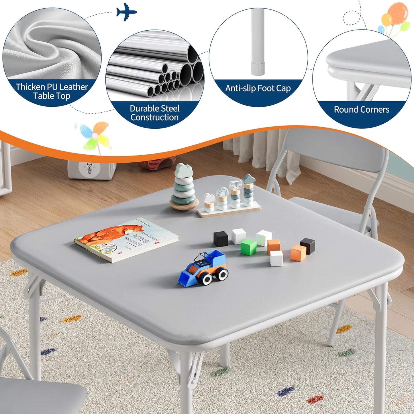 GarveeHome 5-Piece Kids Folding Table and Chairs Set, Toddlers Children's Activity Table and Chairs Set for Dining Room,Daycare,Classrooms