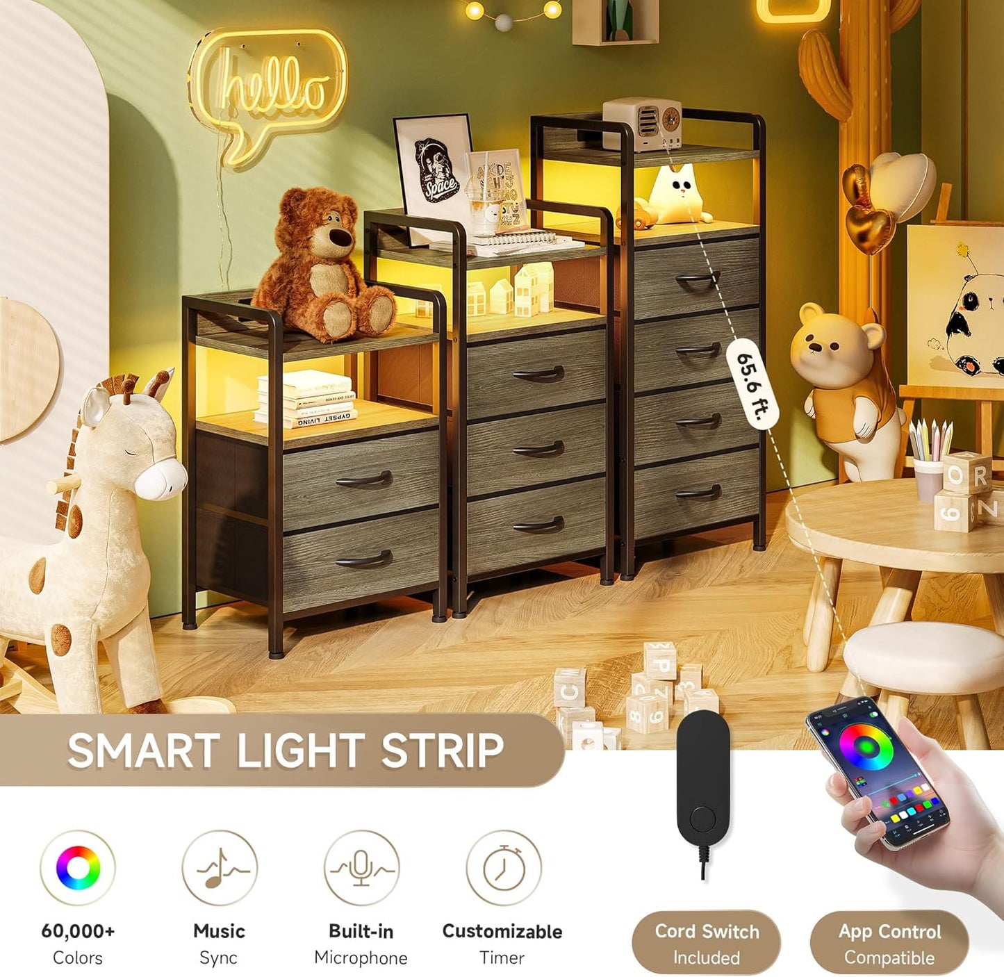 Grey NightStand with Charging Station - Morden Nightstand with USB Ports & AC Outlets, Grey End Table with Storage Shelf & 4 Fabric Drawers, LED Light Strip