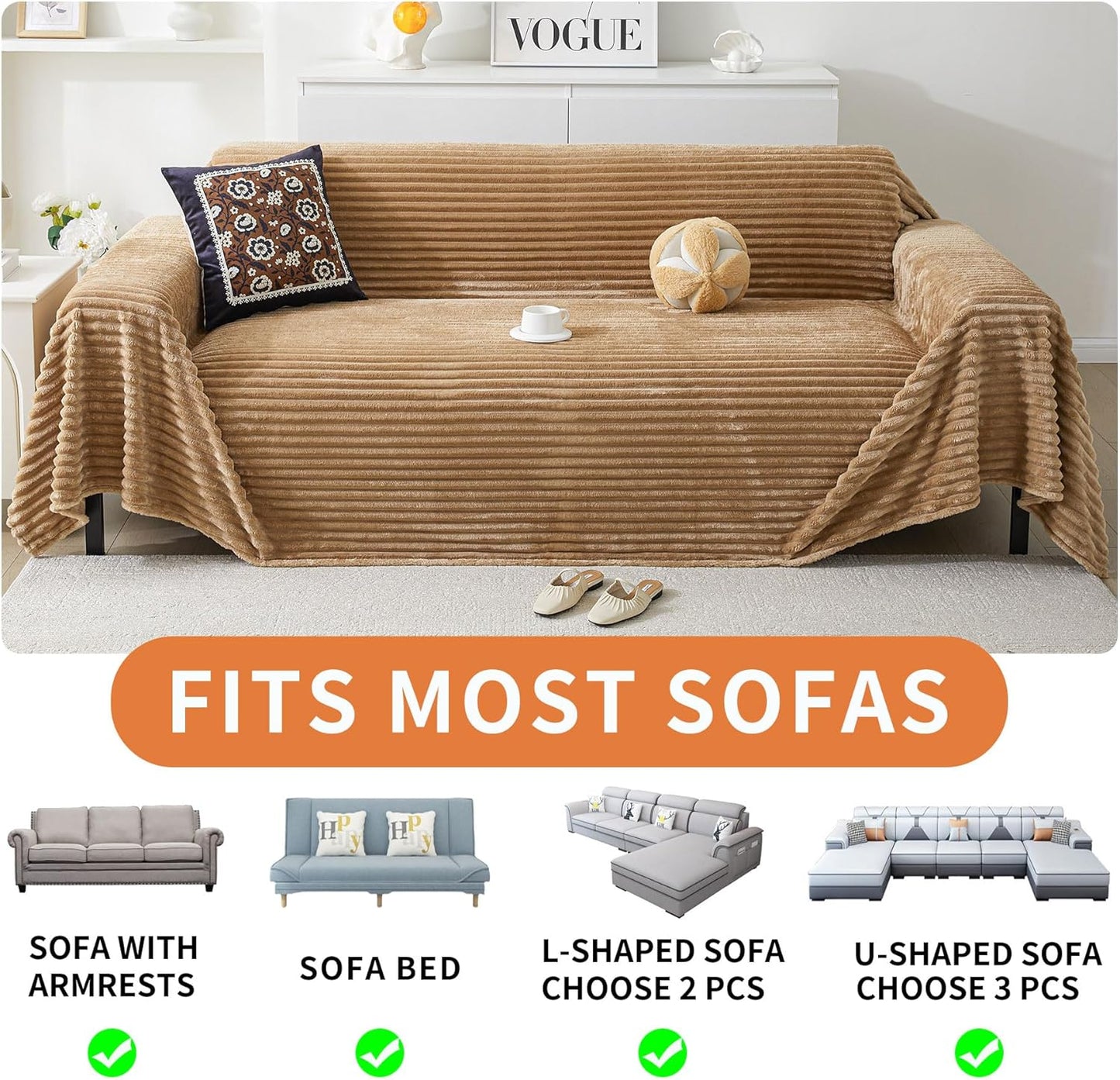 HAOMAIJIA Faux Fur Sofa Covers Couch Covers for 2 Cushion Couch Sofa Pet Friendly Soft Non Slip Couch Cover for Dogs Washable Sectional Couch Covers L Shape Furniture Protector (Khaki, 71"x118")