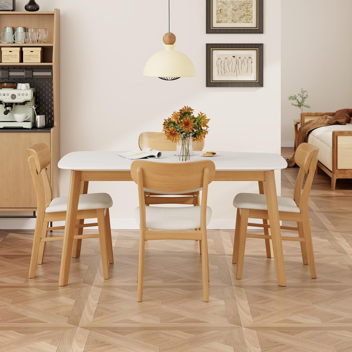 Merax 5-Piece Dining Set, Solild Wood Table & Chairs with Backrests for 4, Farmhouse Natural Kitchen Furniture for Home, Dining Room, Natural Oak+Beige