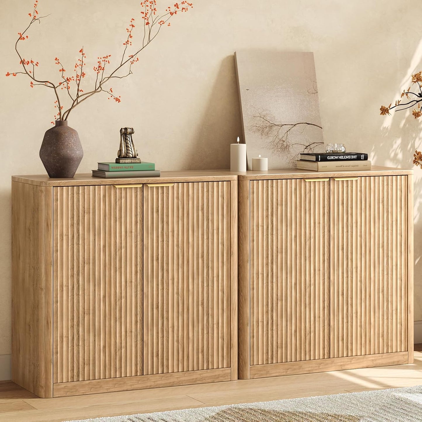 63" Oak Buffet Cabinet with Storage, Large Fluted Sideboard with Adjustable Shelves, Accent Credenza for Living Room, Entryway, Dining Room, Kitchen, Coffee Bar Table with Doors