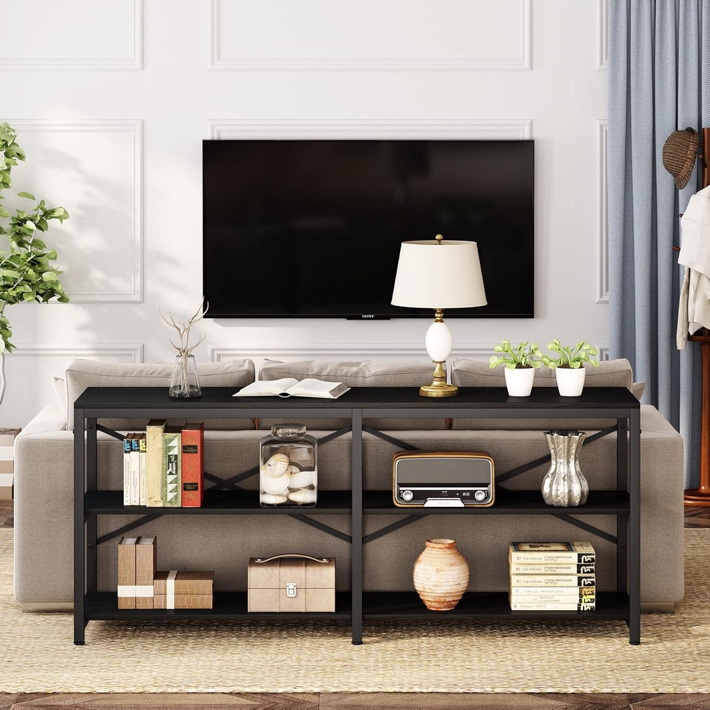 Tribesigns 70.9 Inch Extra Long Console Table, Modern Sofa Table Behind Couch Table with Storage Shelves, 3-Tier Industrial Hallway Entryway Table for Living Room, 3 Shelf Bookshelf(Black)