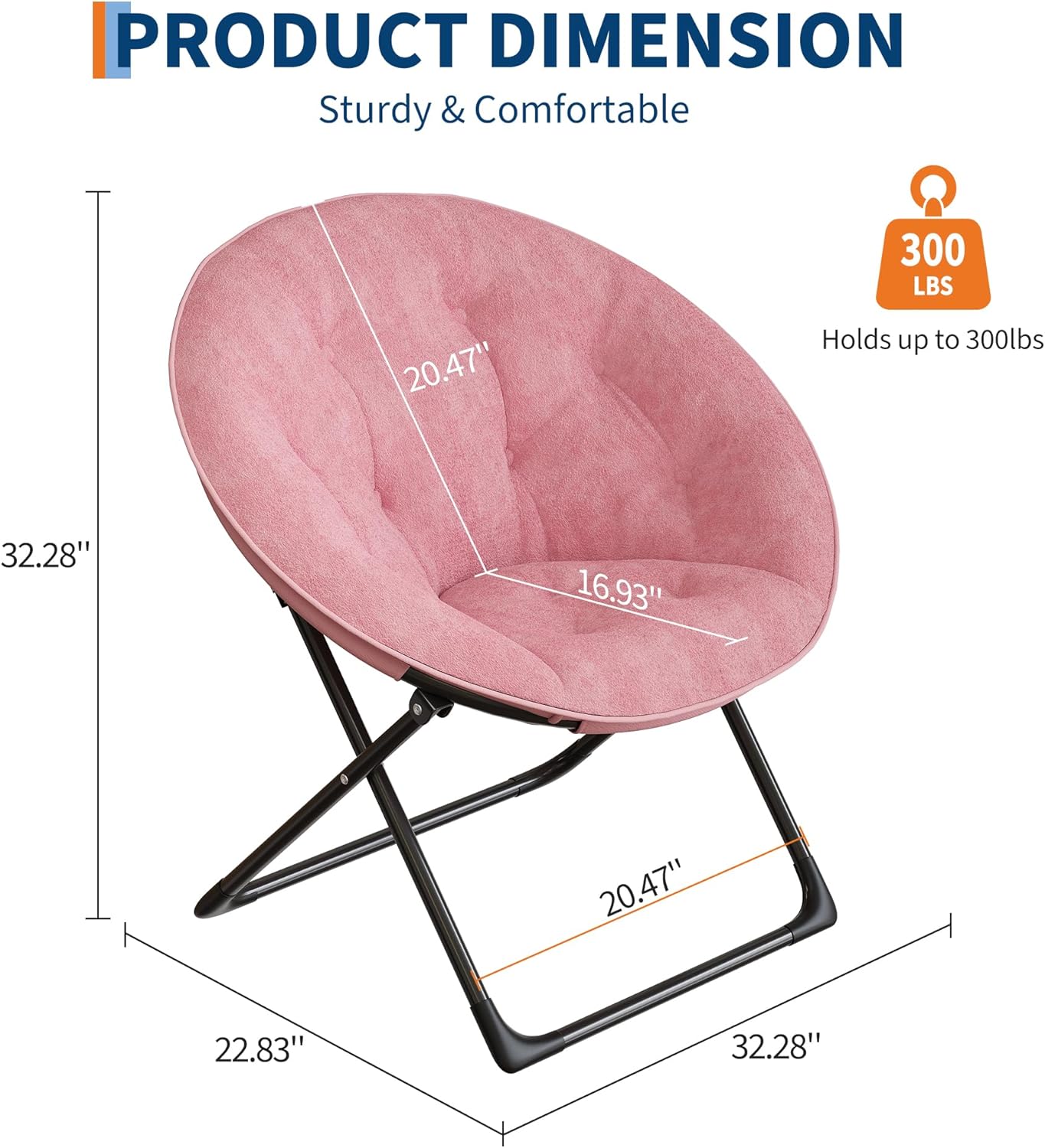 Saucer Chair, XL Foldable Lounge Chair for Bedroom/Dorm, Plush Comfy Seat with Non-Slip Base for Teens & Adults, Faux Fur Accent Chair, Pink