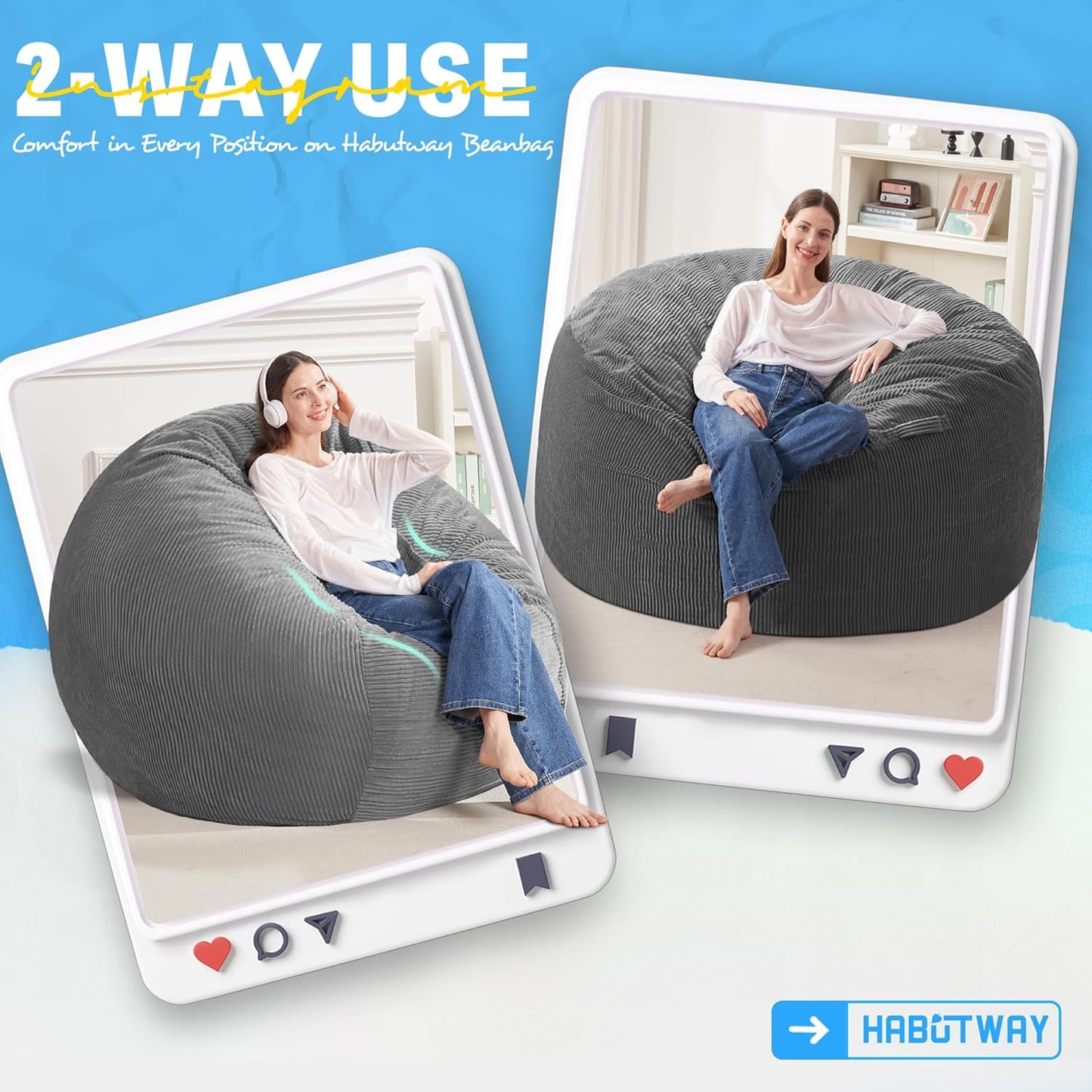 HABUTWAY 4FT Bean Bag Chair,Giant Bean Bag Chairs for Adults,Big Bean Bags with Memory Foam Filled, Large Beanbag Chairs with Soft Corduroy Cover-Grey