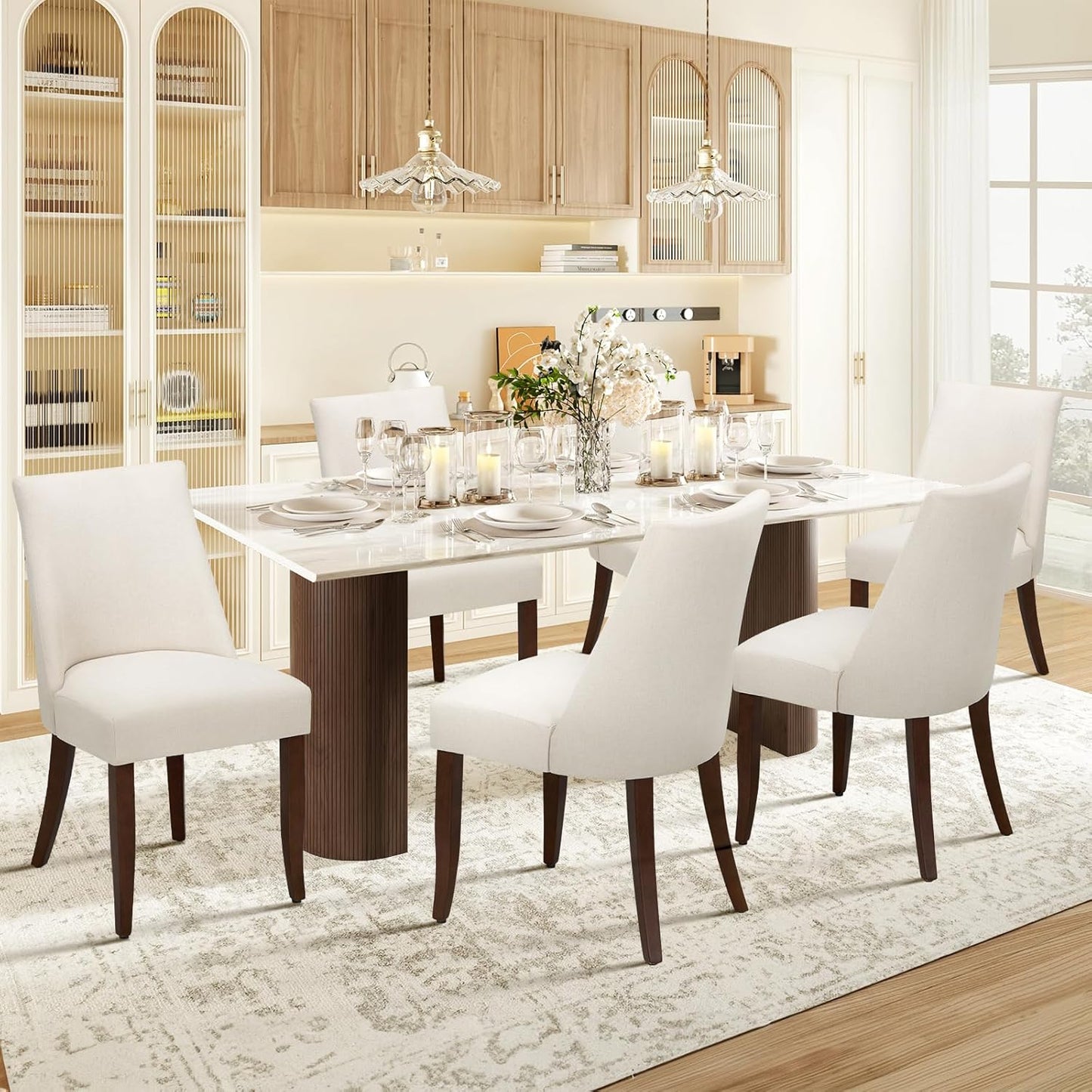 COLAMY Upholstered Dining Chairs Set of 6, Mid Century Modern Kitchen Chairs with Back, Farmhouse Fabric Side Dining Room Chairs with Wood Legs for Dining Room Restaurant, Beige