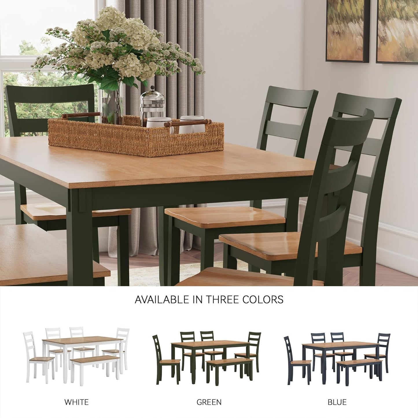 Signature Design by Ashley Gesthaven Modern Dining Table with 4 Chairs and Bench, Set of 6, Green & Light Brown