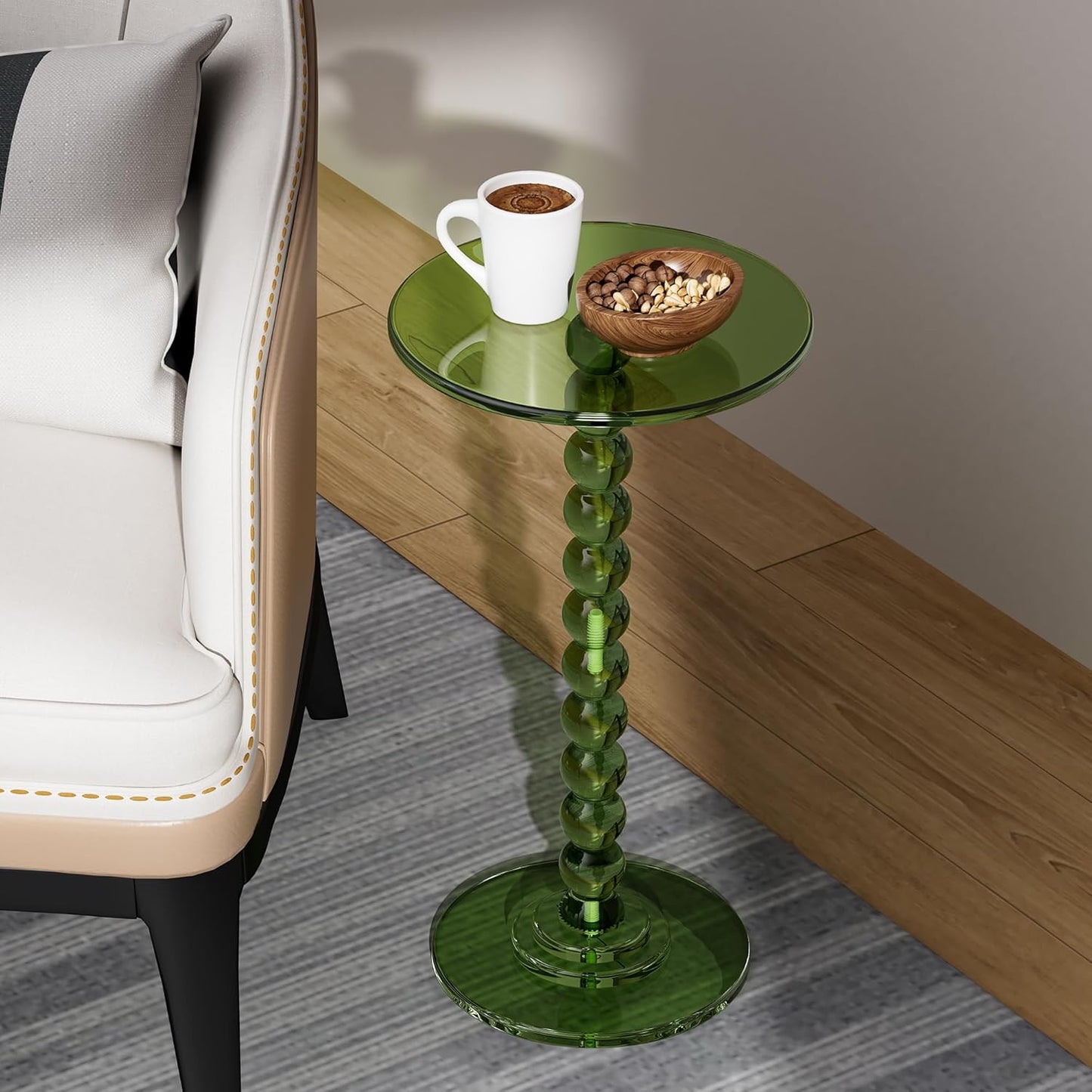Acrylic Side Table, End Table Round Top with Solid Post for Living Room, Bedroom, Balcony, Easy Assembly (Pedestal, Green)