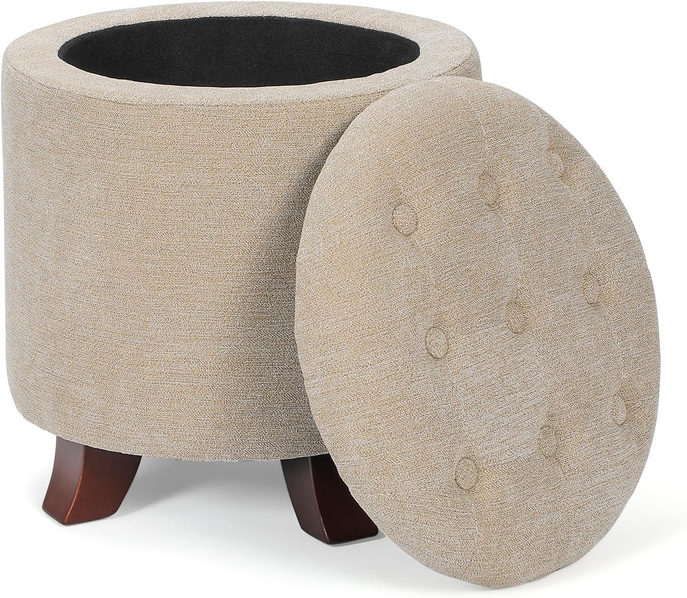 Athena Collection 15 Inch Small Ottoman with Storage, Round Linen Fabric Storage Ottoman Foot Rest with Removable Lid, Multipurpose Footstool Footrest for Living Room, Bedroom, Dorm, Khaki