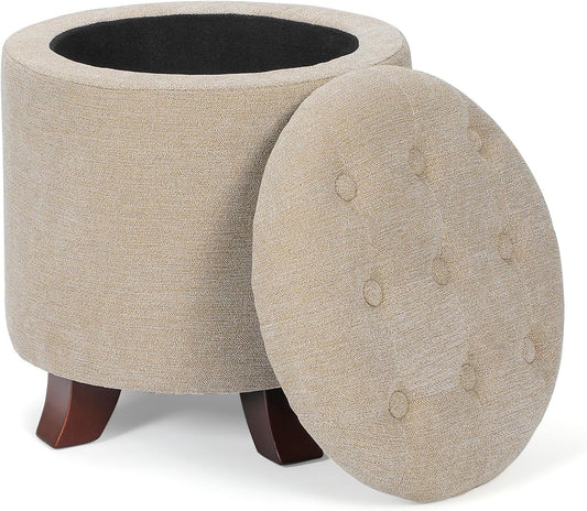 Athena Collection 15 Inch Small Ottoman with Storage, Round Linen Fabric Storage Ottoman Foot Rest with Removable Lid, Multipurpose Footstool Footrest for Living Room, Bedroom, Dorm, Khaki