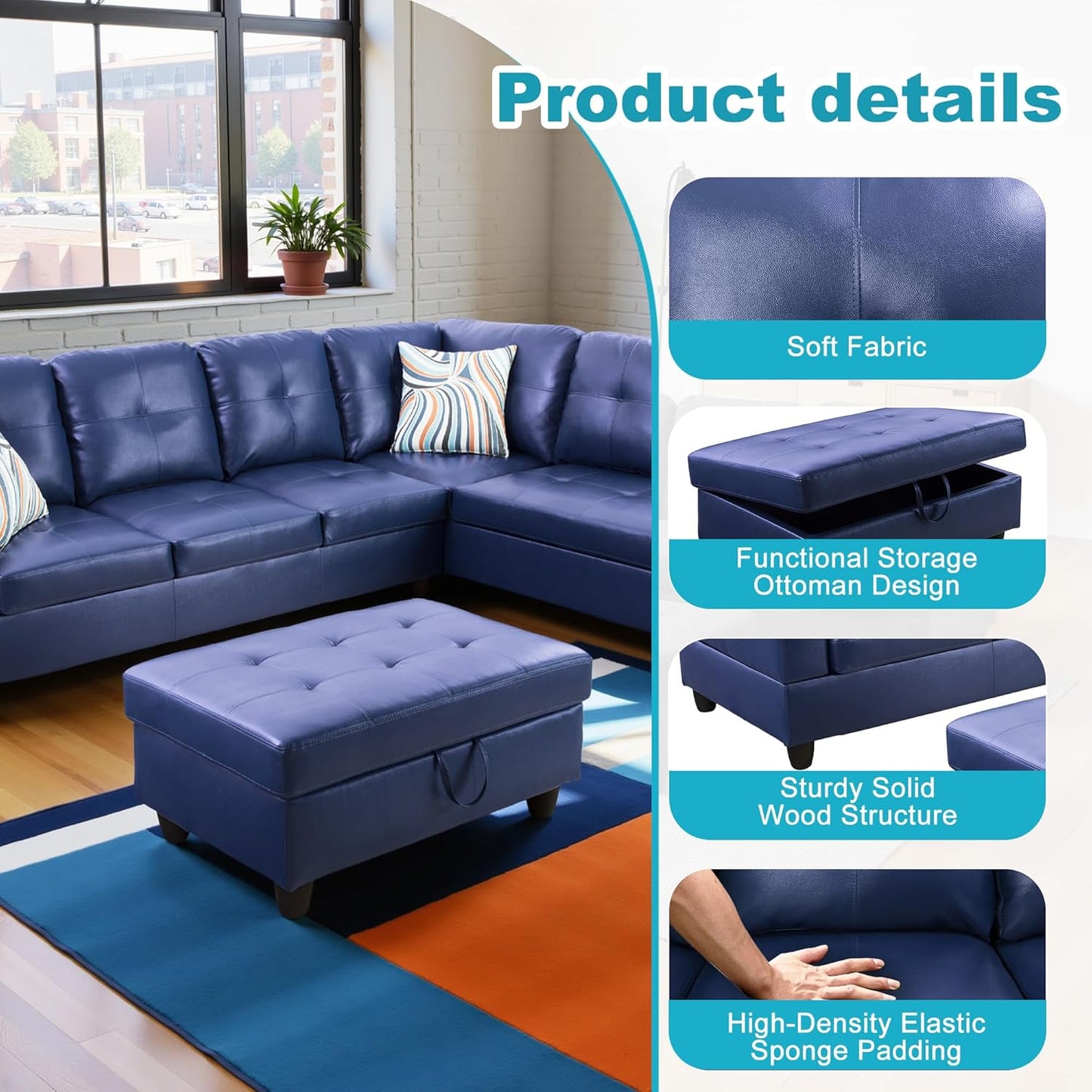 Couches for Living Room PU Leather L Shaped Couch Comfy 3 Pieces Sectional Sofa with Chaise, Ottoman with Storage for Office and Small Apartment, Blue