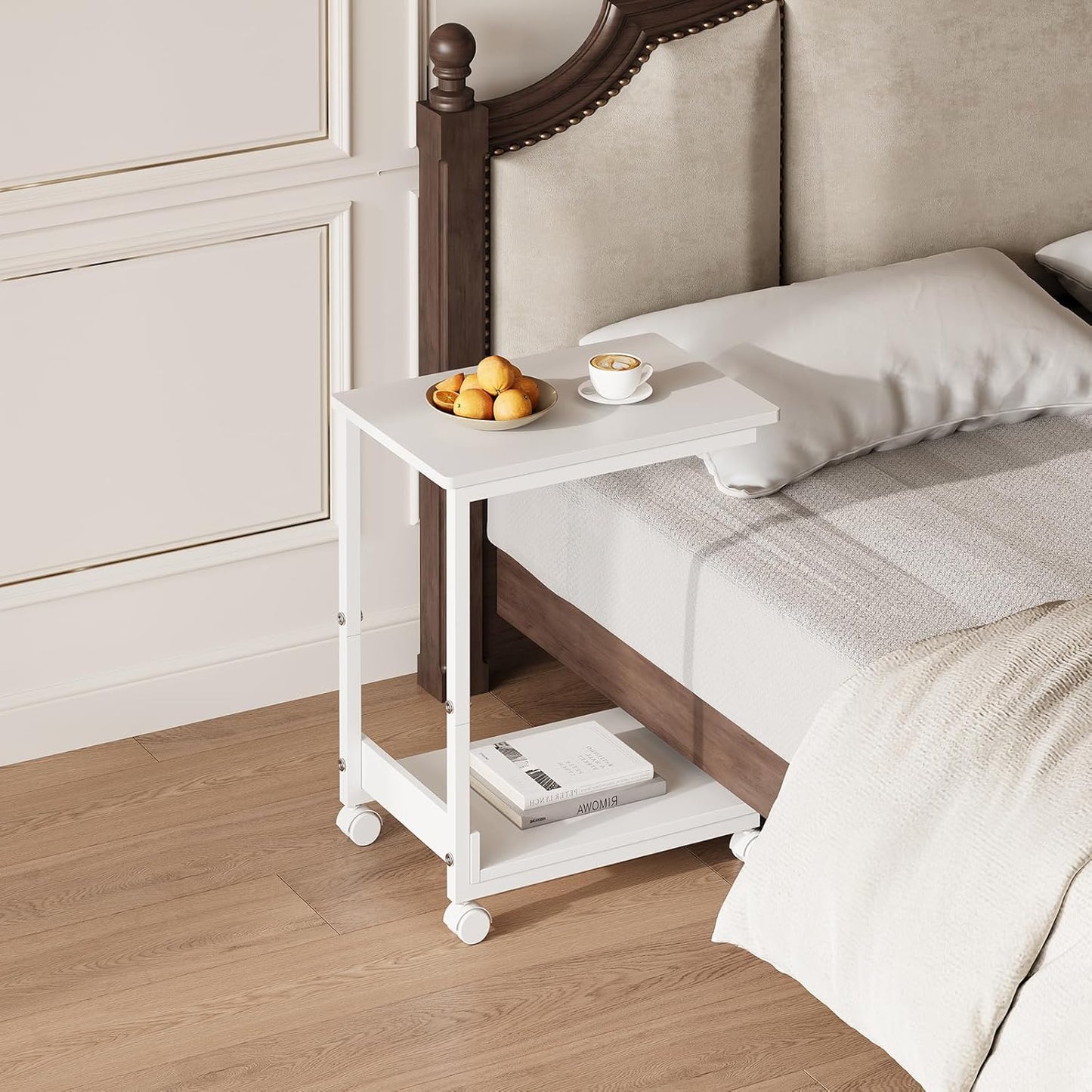 Side Table,C Table with 2-Tier Storage Shelf, End Table TV Tray with Metal Frame, Sofa Table with Wheels for Living Room, Bedroom, Office, Bathroom, Easy Assembly, White