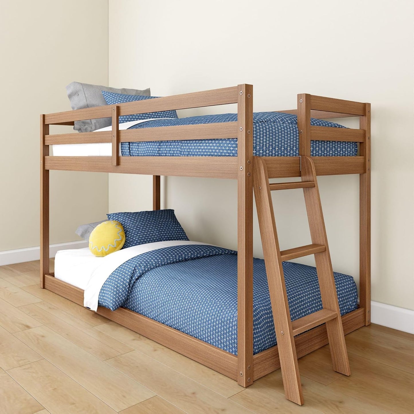 Grain & Grove Bear Twin Over Twin Bunk Bed, Low Bunk Bed Frame for Kids, Bunk with Ladder, Guardrail, and Slats, No Box Spring Required, Oak Embossed Pecan
