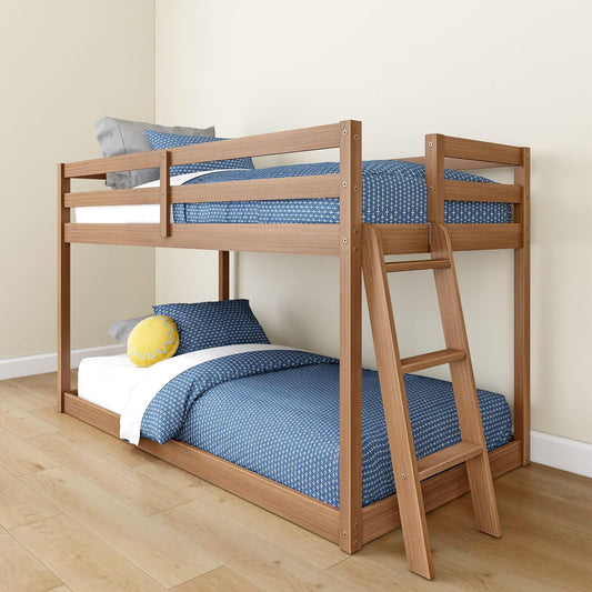 Grain & Grove Bear Twin Over Twin Bunk Bed, Low Bunk Bed Frame for Kids, Bunk with Ladder, Guardrail, and Slats, No Box Spring Required, Oak Embossed Pecan