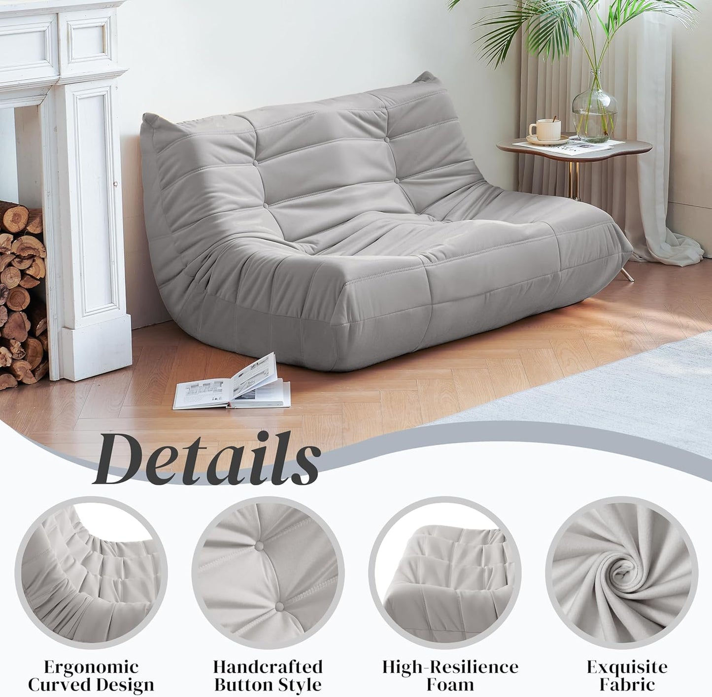 Bean Bag Chair, Loveseat Fireside Chair Bean Bag Sofa for Adults, 2 Seater Bean Bag Chairs for Teens with High-Resilience Foam, Memory Foam Bean Bag for Living Room, Bedroom, Office (Suede,Light Gray)