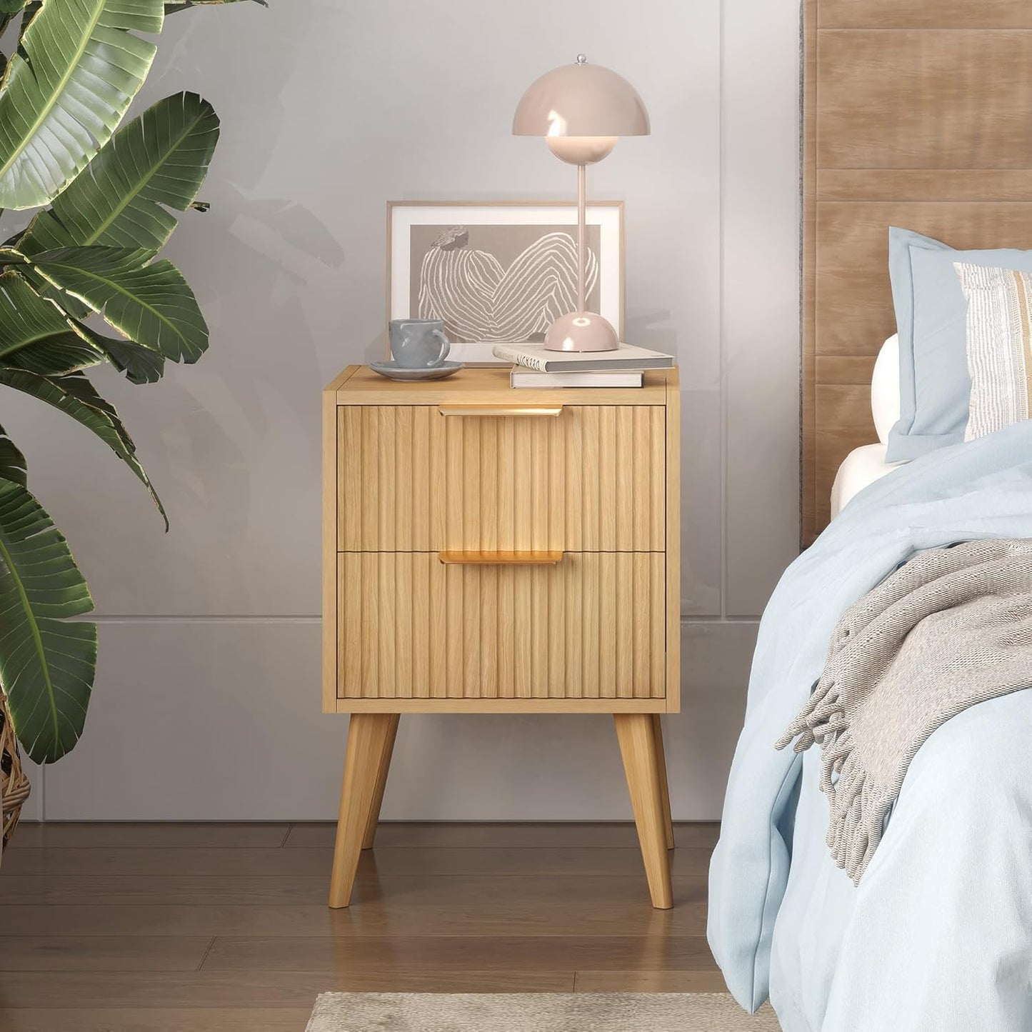 Fluted Nightstand with 2 Drawers,Modern Bedside Table with Metal Handles,White Side Table with Solid Wood Legs,Mid Century End Table for Living Room,Bedroom,Natural CTG55Y