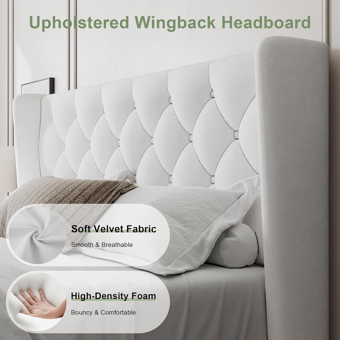 Feonase Full Size Bed Frame with Upholstered Wingback Headboard, Platform Bed and Heavy Duty Wooden Slats Support, Easy Assembly, Noise-Free, No Box Spring Needed, White