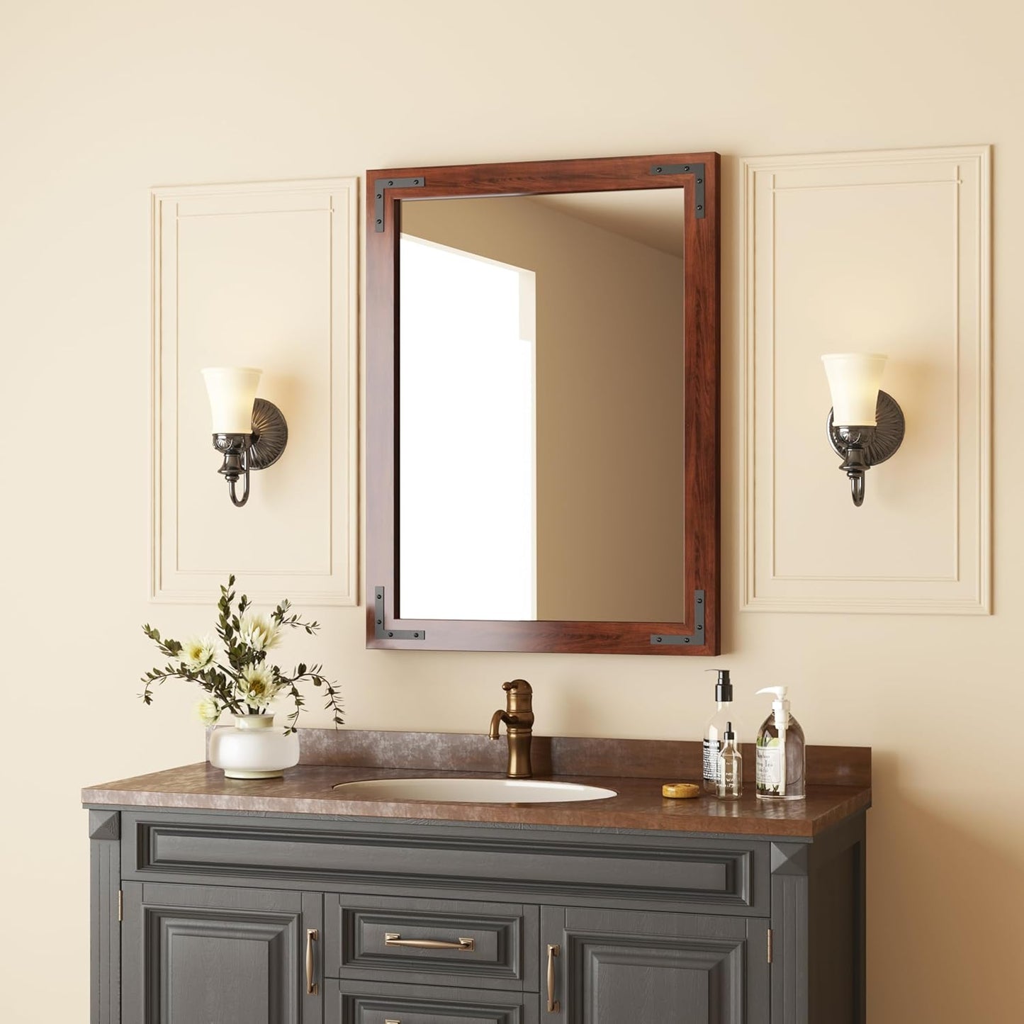 VocalStar Rustic Wood Framed Mirror 24 x 32 Inch, Natural Dark Brown Wooden Rectangle Bathroom Vanity Wall Mirror for Farmhouse Boho Decor, 1/4-inch Shatterproof Glass | Waterproof