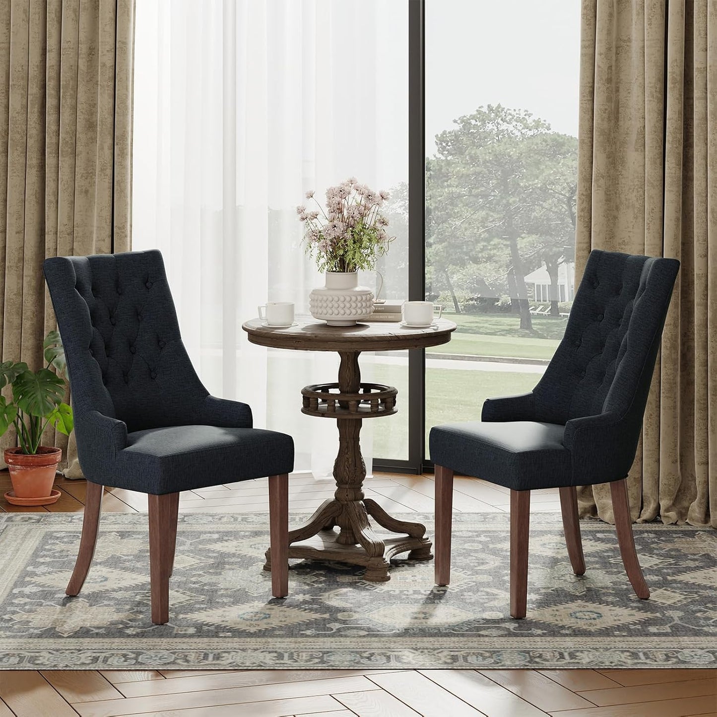 COLAMY Wingback Upholstered Side Dining Room Chairs Set of 2, Fabric Dining Chairs with Tufted Button, Living Room Chairs for Home Kitchen, Black