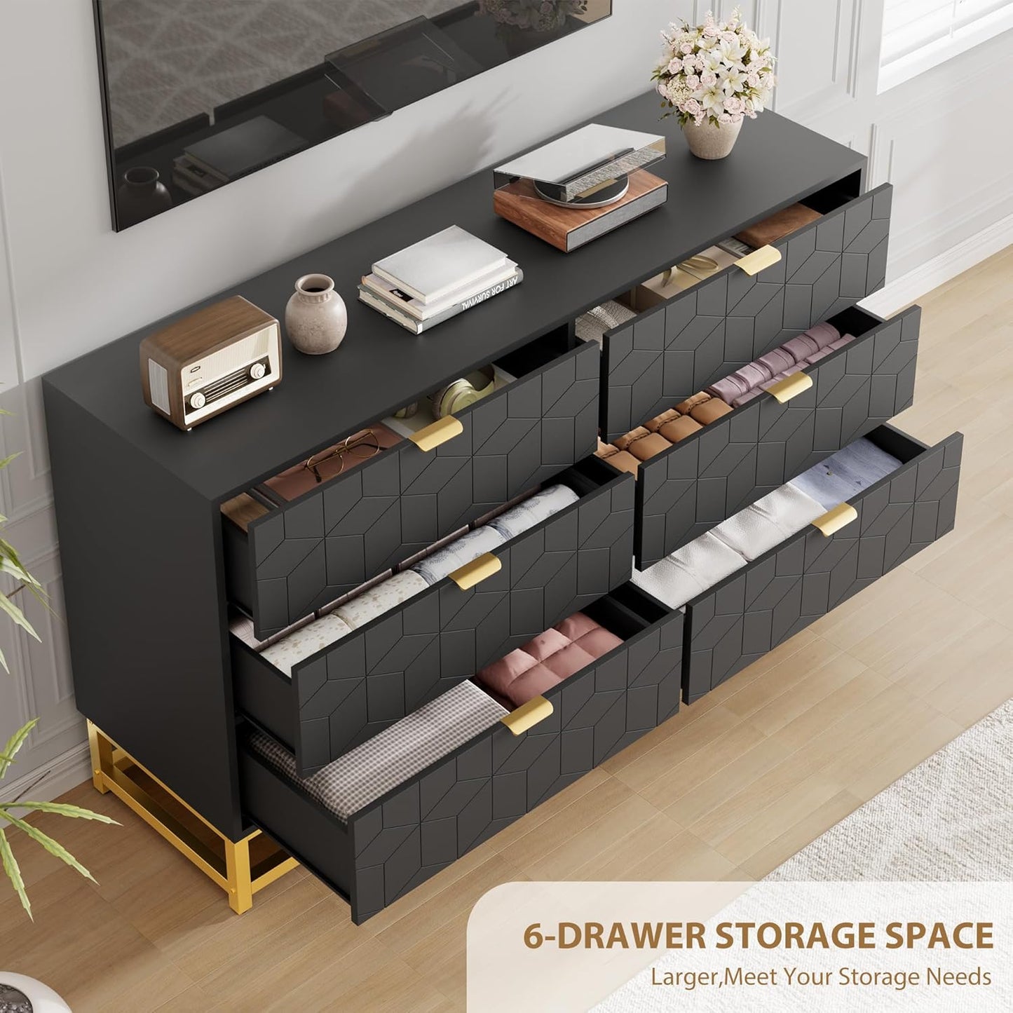 Dresser for Bedroom, 53.5" Large Dresser Organizer, 6 Drawer with Golden Metal Handle and Legs, Modern Chest of Drawers, Black Dressers with Drawers for Closet, Hallway, Living Room, Entryway