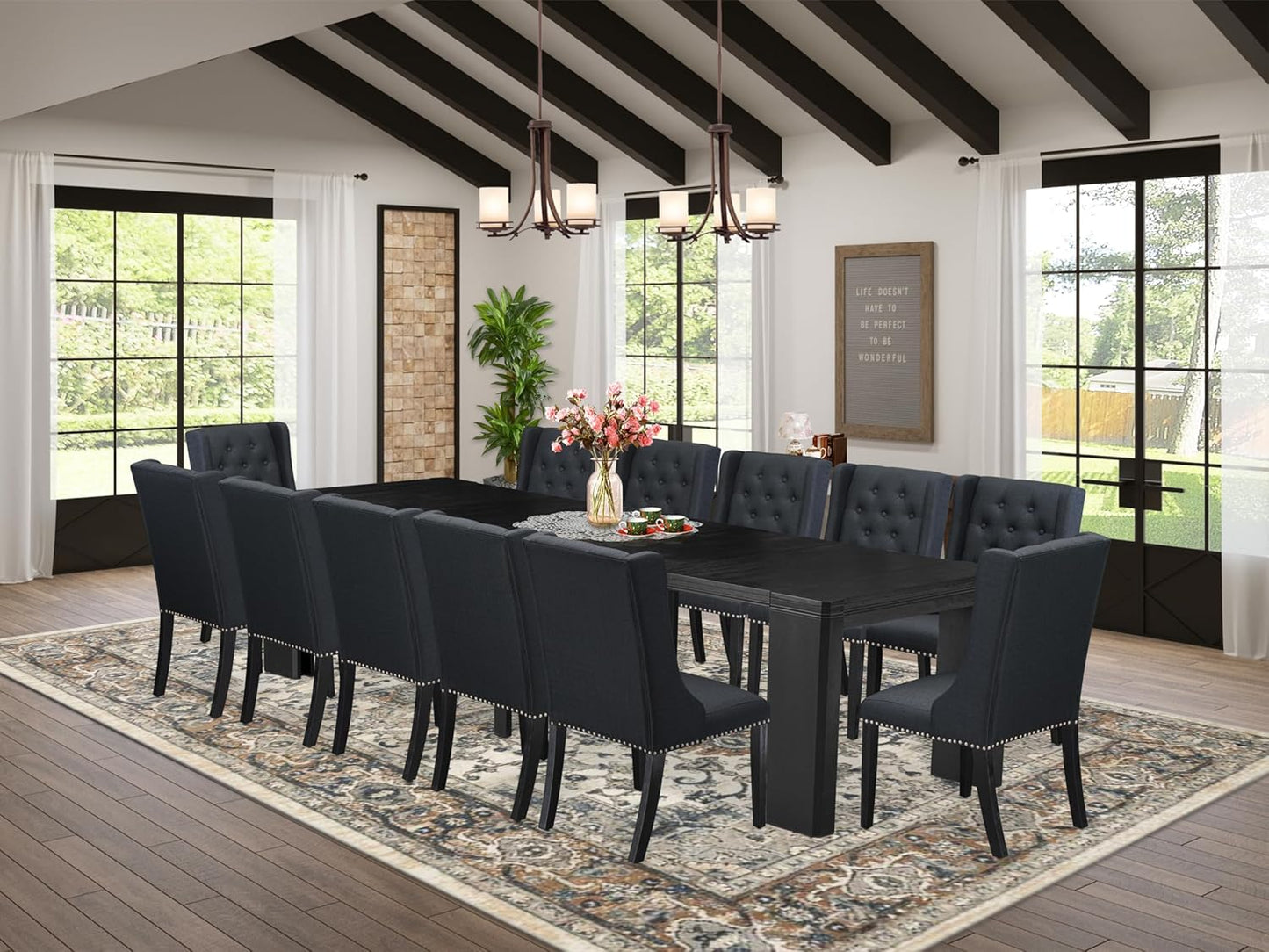 X12FO-006-24 - 13-piece Dining Room Table Set a Rectangular Kitchen Table and 12 Black Linen Fabric Dining Chair, 39x120 Inch, Wire Brushed Black