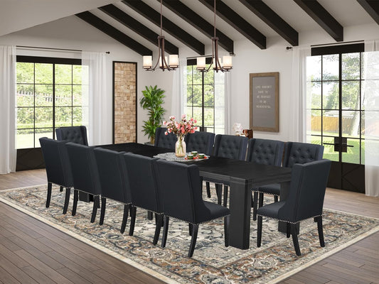 X12FO-006-24 - 13-piece Dining Room Table Set a Rectangular Kitchen Table and 12 Black Linen Fabric Dining Chair, 39x120 Inch, Wire Brushed Black
