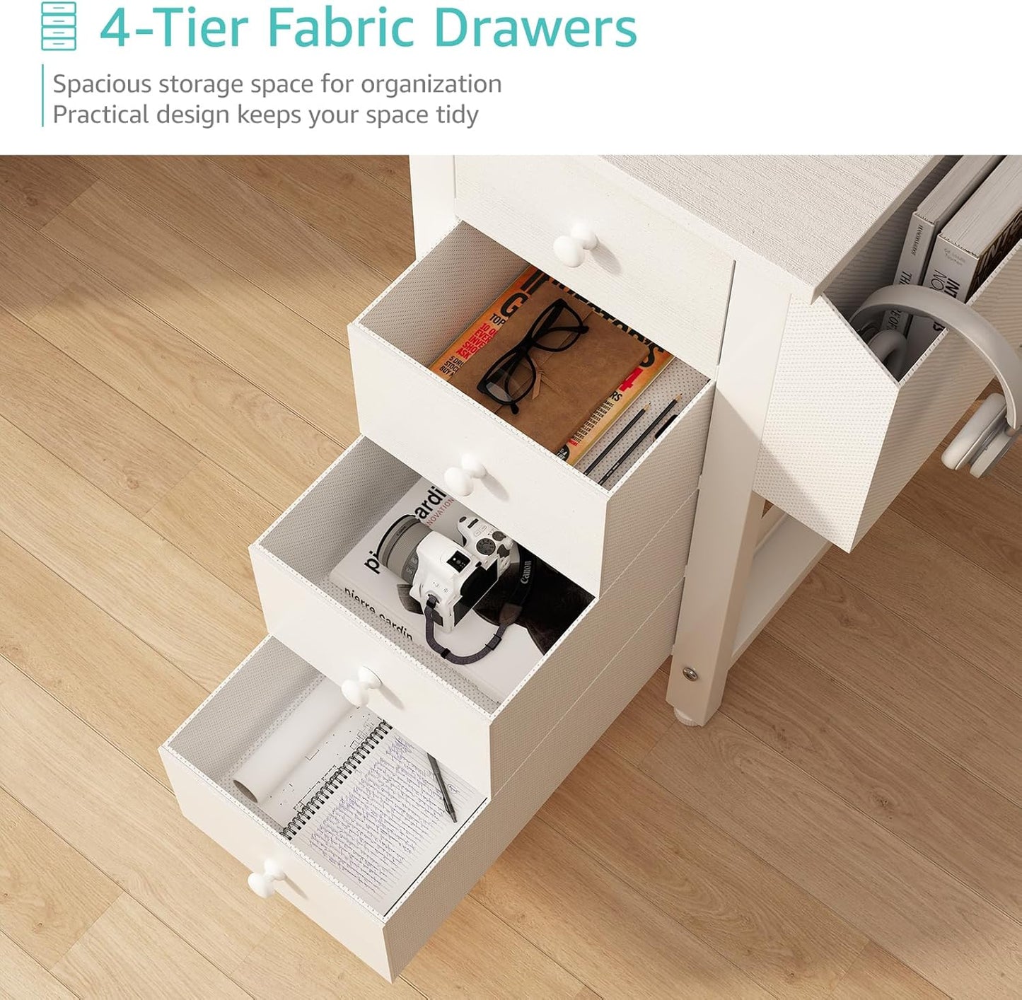 Lufeiya White L Shaped Computer Desk with Drawers & Storage Shelves, 47 Inch Corner Reversible Desk with Power Outlet for Home Office Bedroom, L-Shaped Teen PC Desks with Fabric Drawer, White