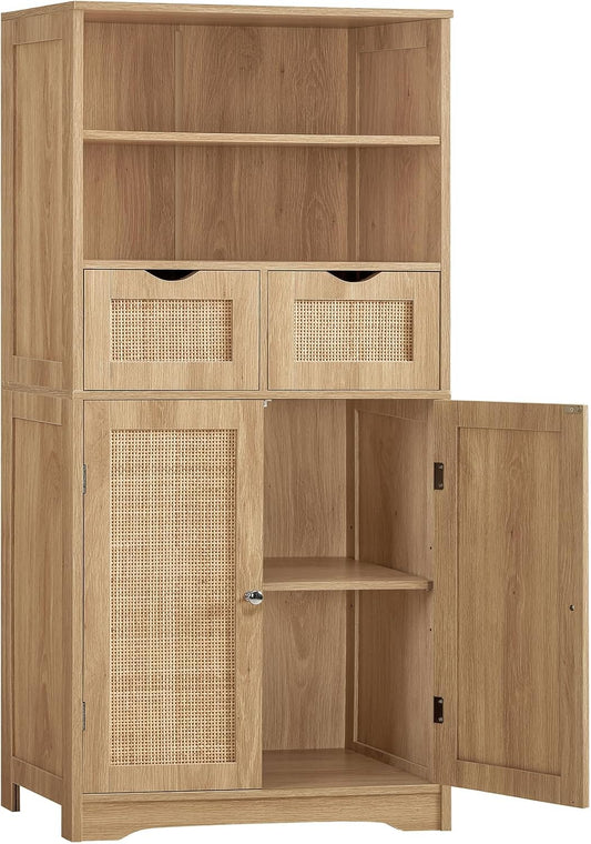 Iwell Tall Storage Cabinet, Rattan Cabinet with 2 Drawers & Adjustable Shelf, Kitchen Pantry Storage Cabient, Entryway Cabinet for Living Room, Dining Room, Home Office, Natural
