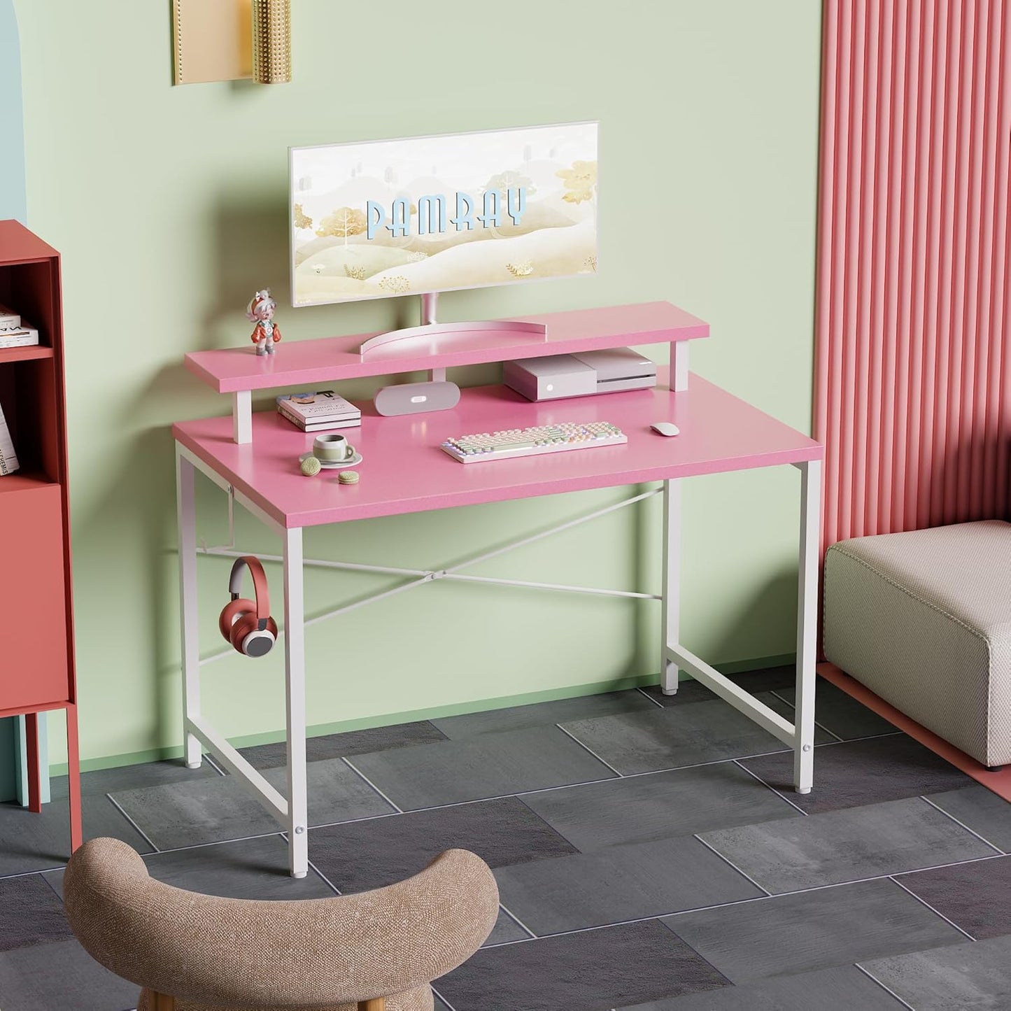Pamray 32 Inch Small Computer Desk with Monitor Stand, Simple Office Desk with Headphone Hook for Small Spaces, Kids Study Writing Table for Bedroom, Pink