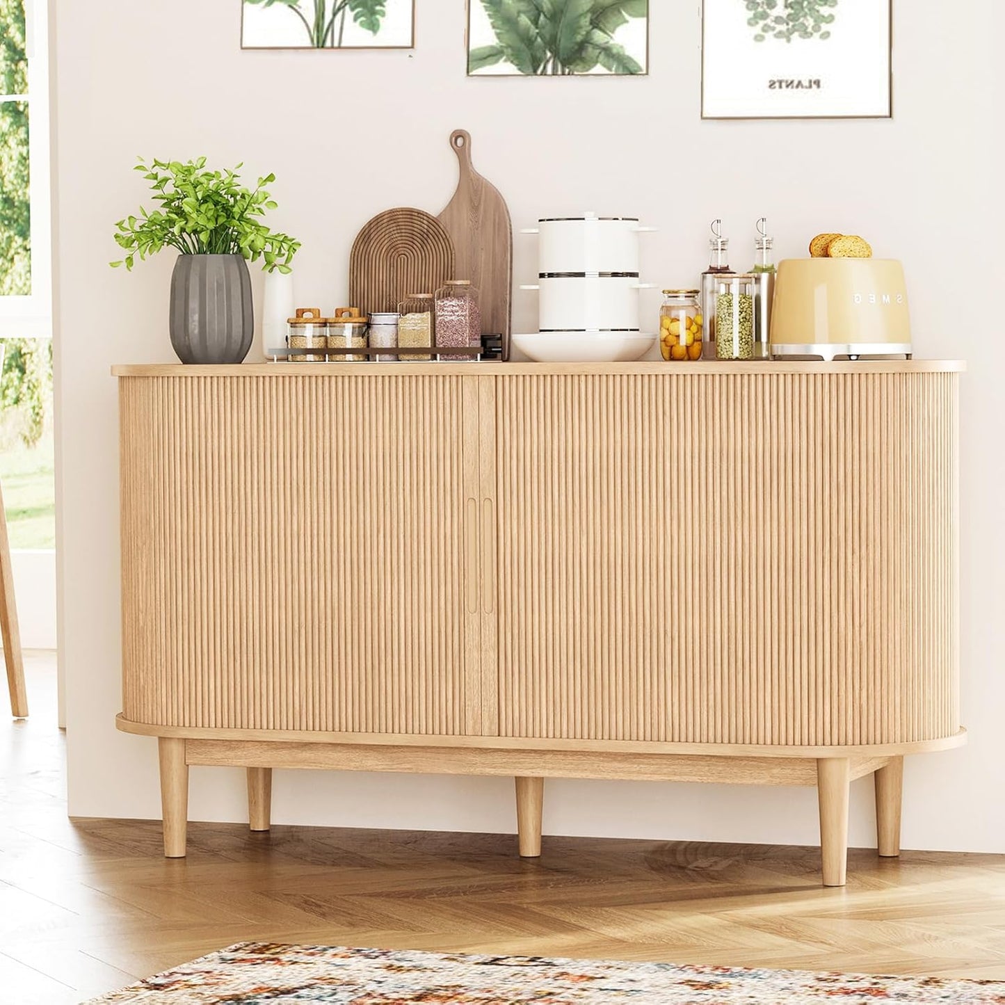 LINSY HOME Sideboard Buffet Cabinet with Storage, 55" Fluted Coffee Bar Cabinet with Tambour Sliding Doors and Drawer, Mid Century Modern Wood Storage Buffet Table for Kitchen, Living Room, Oak