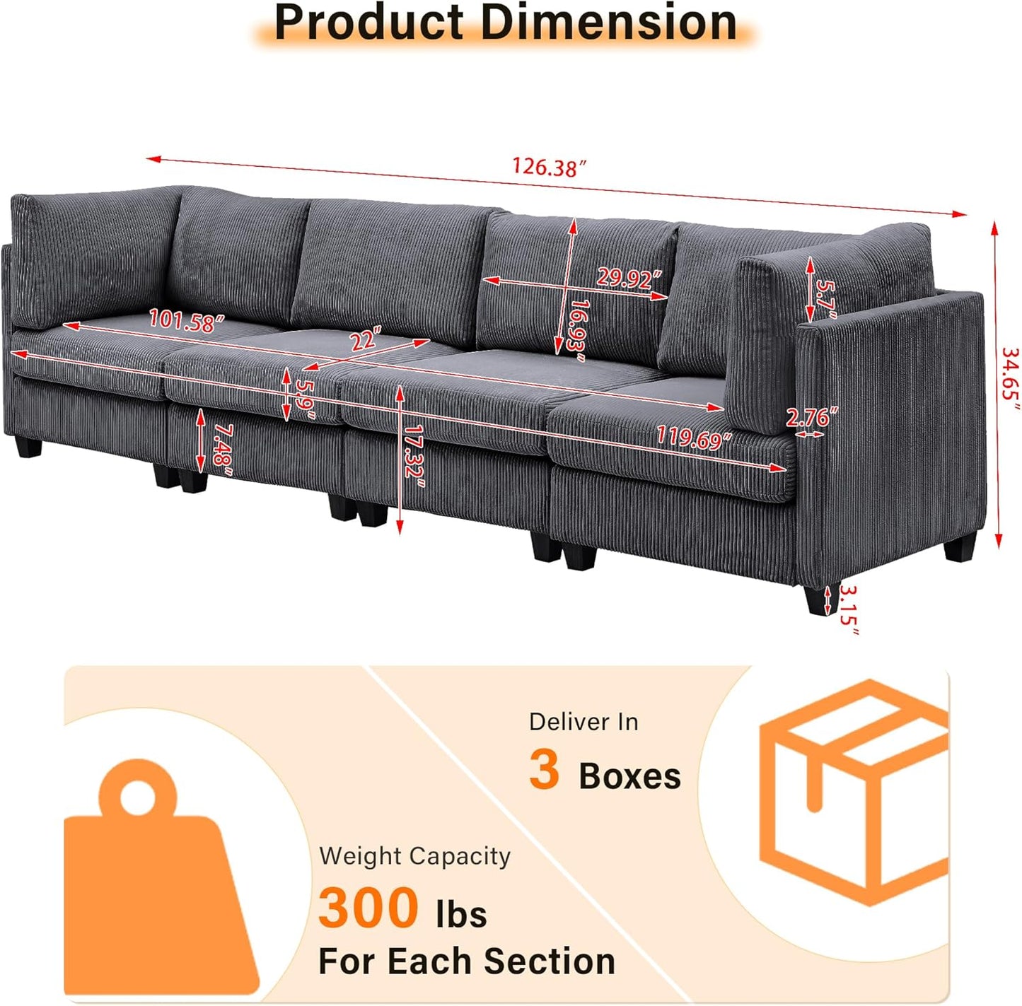 126" Convertible L-Shaped Modular Sectional Sofa, 4 Seater Corduroy Upholstered Corner Sofa Couch with Extra Wide Deep Seat, DIY Combination Lounger Sofa with Solid Wood Legs for Living Room Office