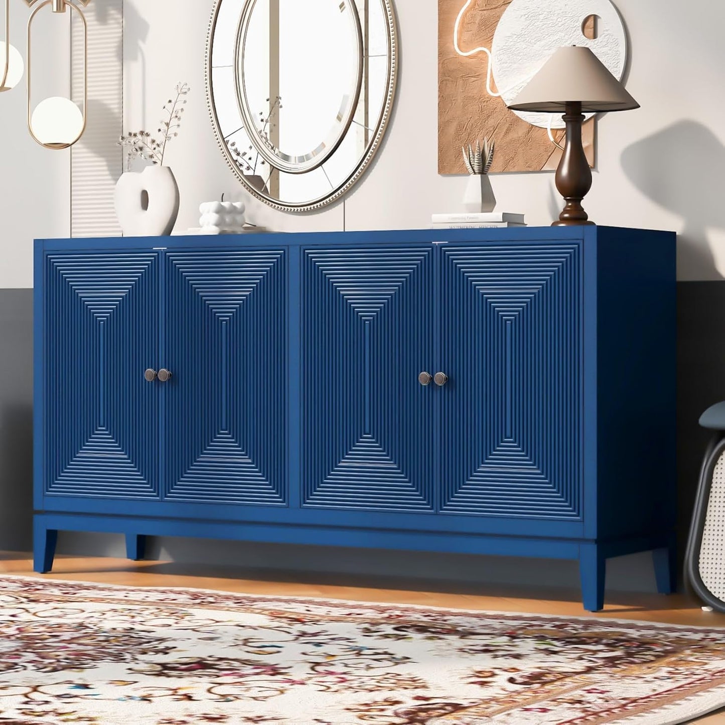 Merax 60" Sideboard Buffet Storage Cabinet with 4 Doors and Adjustable Shelves, Modern Wooden Accent Fluted Credenza Console Table for Kitchen, Dining, Living Room, Coffee Bar, Entryway, Navy Blue