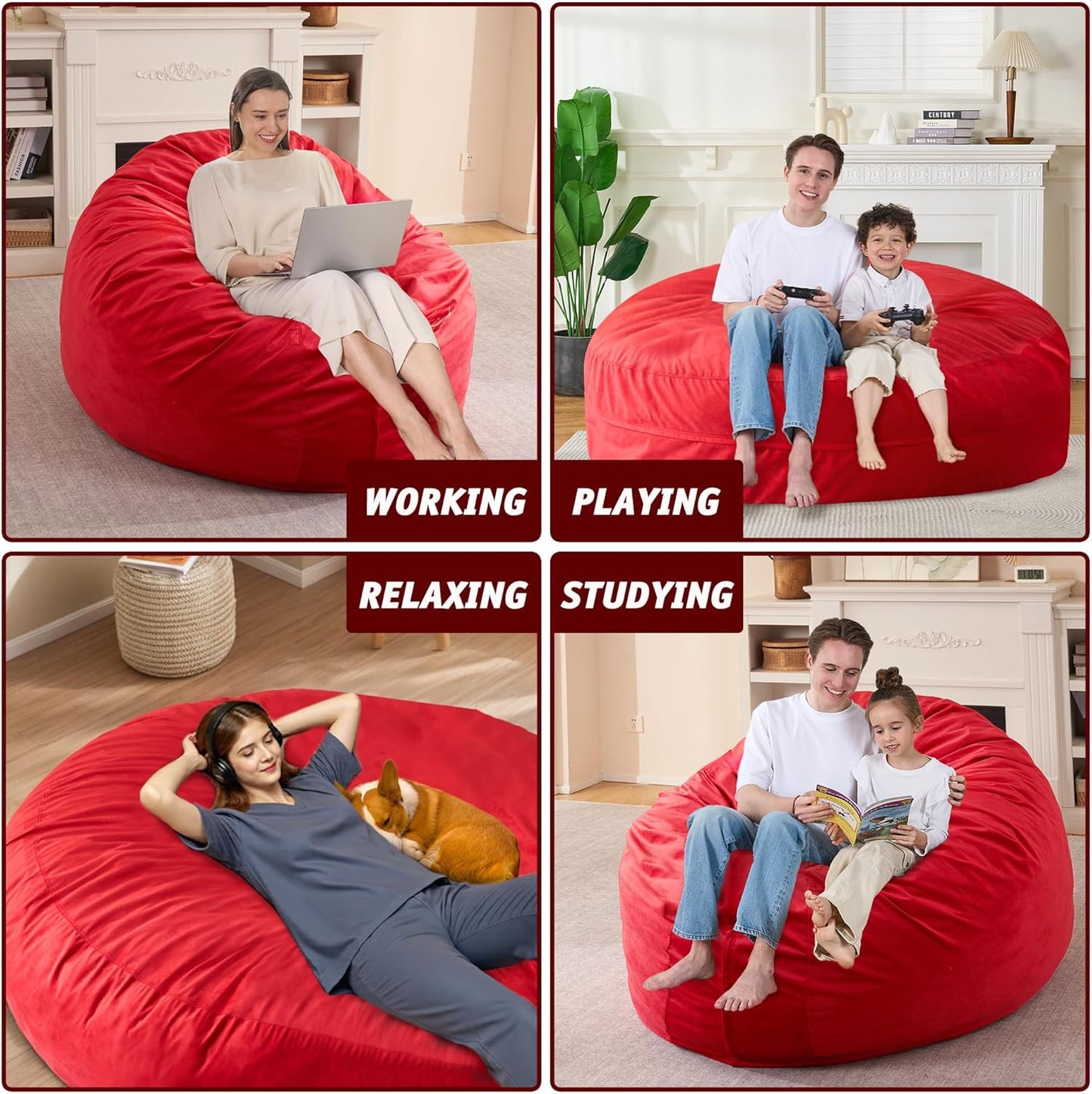 7FT Bean Bag Chair with Ultra Soft Velvet Cover Bean Bag Sofa with Memory Foam Bean Bag Chairs with Large Size Lazy Sofa for Dorm Office Living Room Bedroom Red 7'