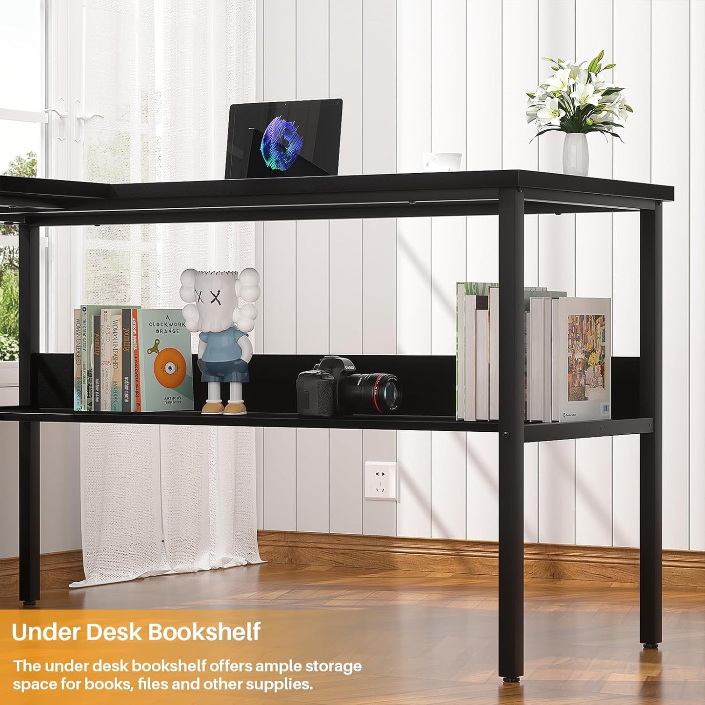 Reversible L Shaped Computer Desk with Magic Power Outlet, Sturdy Office Corner Desk, L Shape Gaming Table with Storage Shelf, Black