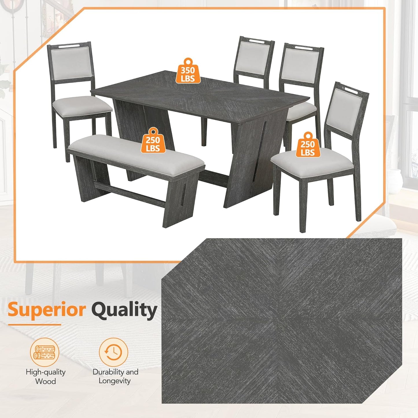 Ball & Cast 6-Piece Dining Table Set for 6 People, 60" Wood Dining Kitchen Table & Chairs Set, Rectangular Dining Room Table with Trapezoidal Base,4 Upholstered Chairs & 1 Bench, Kitchen, Gray