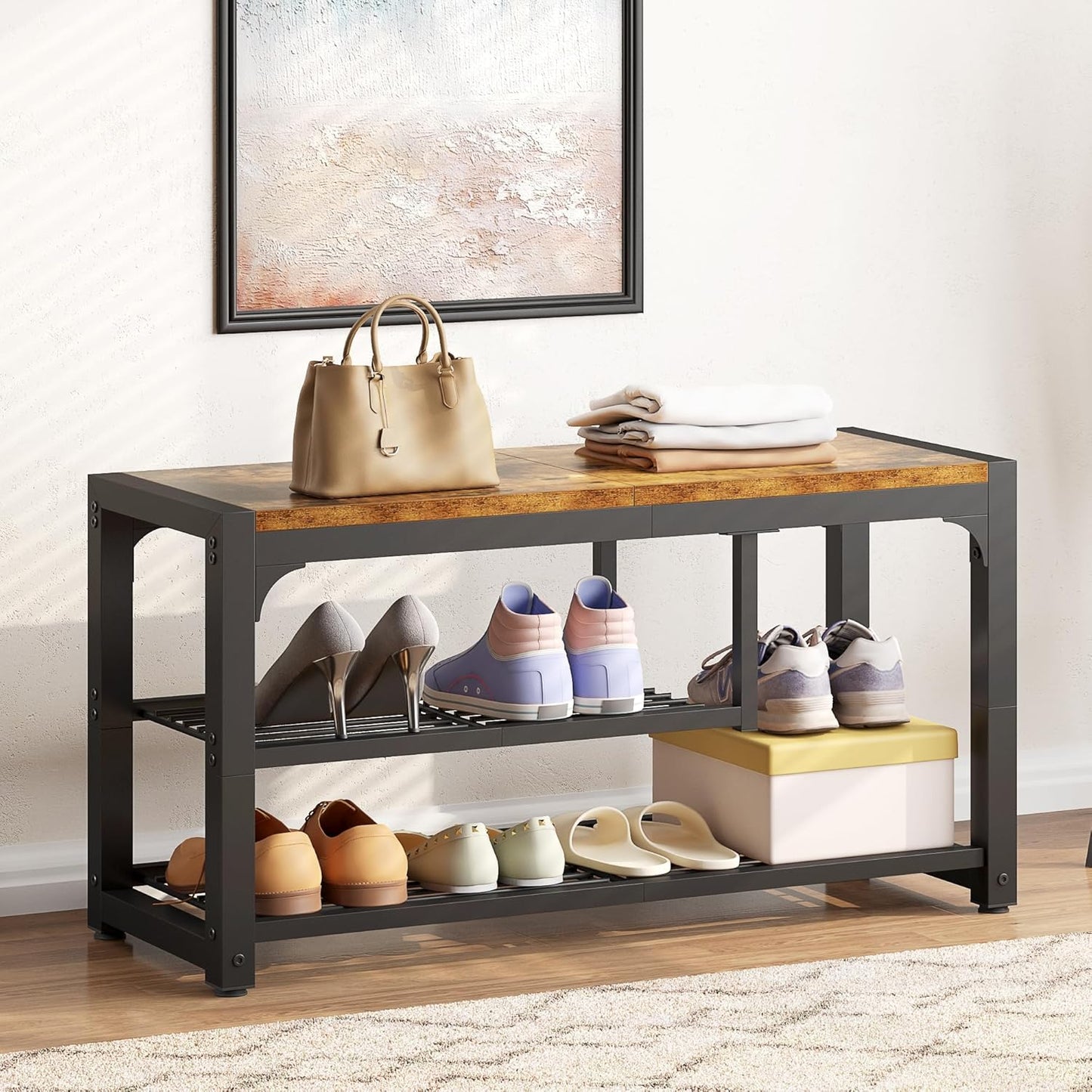 HOMEFORT Shoe Bench,3 Tiers Shoe Rack Bench,31.5" Shoe Storage Bench for Entryway, Retro Industrial Entry Bench with Mesh Shelves and Boot Storage,for Front Door Entrance, Rustic Brown