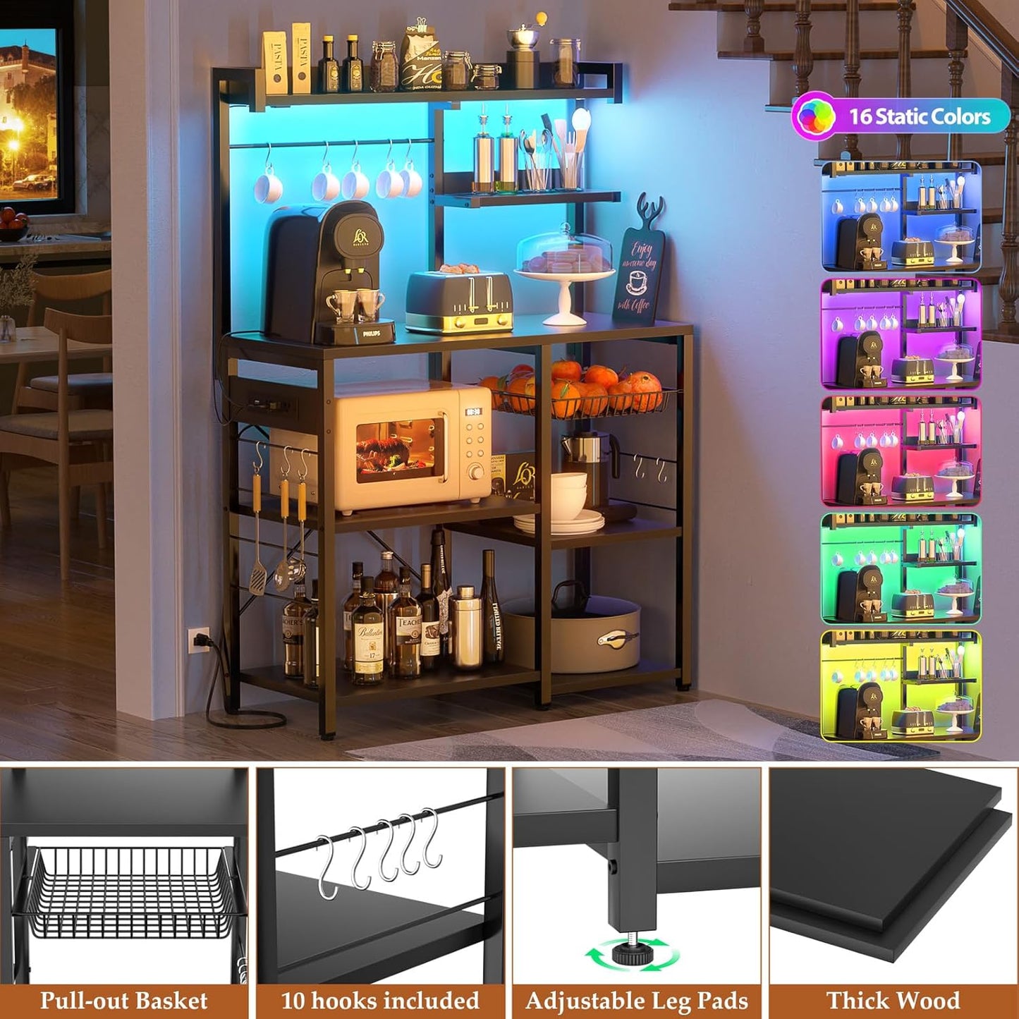 Aheaplus Bakers Rack with Power Outlet and LED Light Strings, Microwave Oven Stand Kitchen Storage Shelf with Wire Basket, Coffee Bar Station Island Table with 10 Hooks for Spices, Pots, Pans, Black