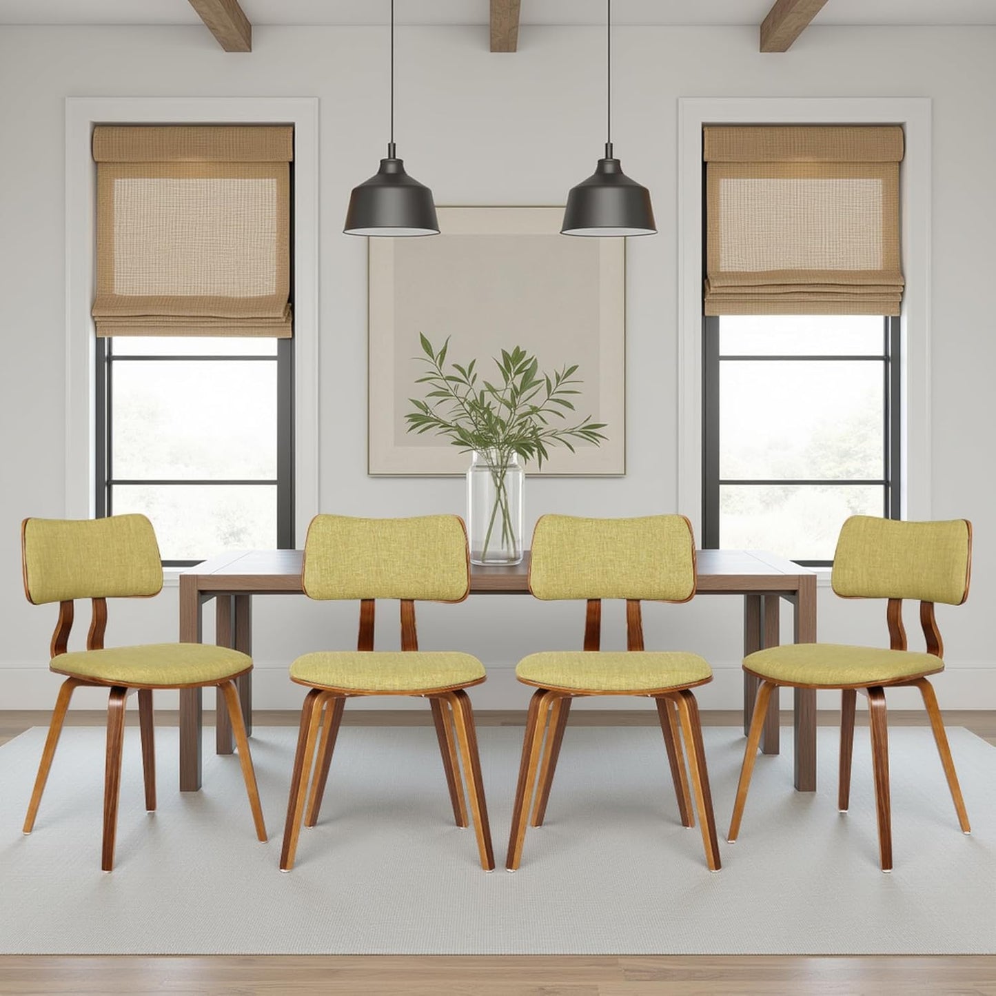 Armen Living Jaguar Mid-Century Dining Chair in Walnut Wood and Green Fabric - Set of 4