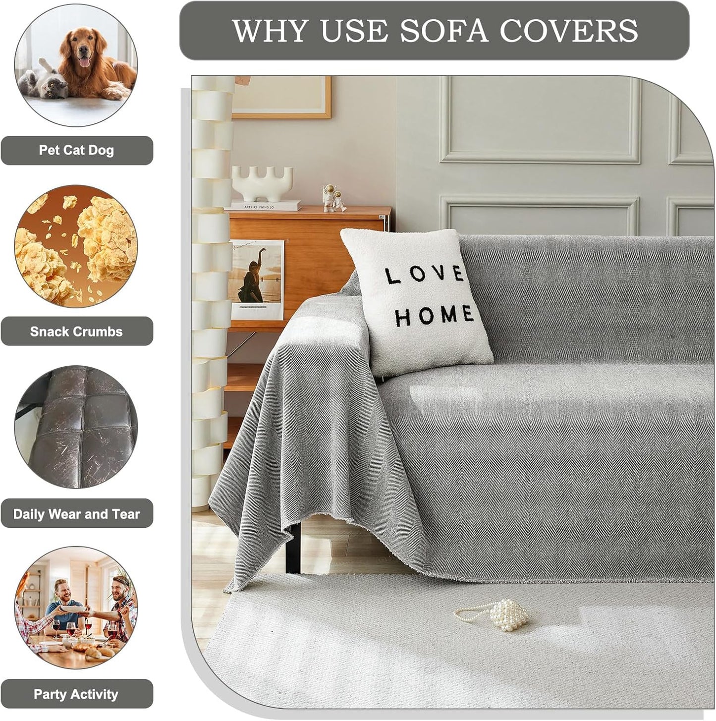 STACYPIK Chenille Sofa Cover for Dogs, Washable Dark Gray Couch Cover for Pets, Non Slip Couch Covers for L Shape, Furniture Protector for 3 Cushion Couch with Tassels,Sofa Throw Blankets-71X150IN