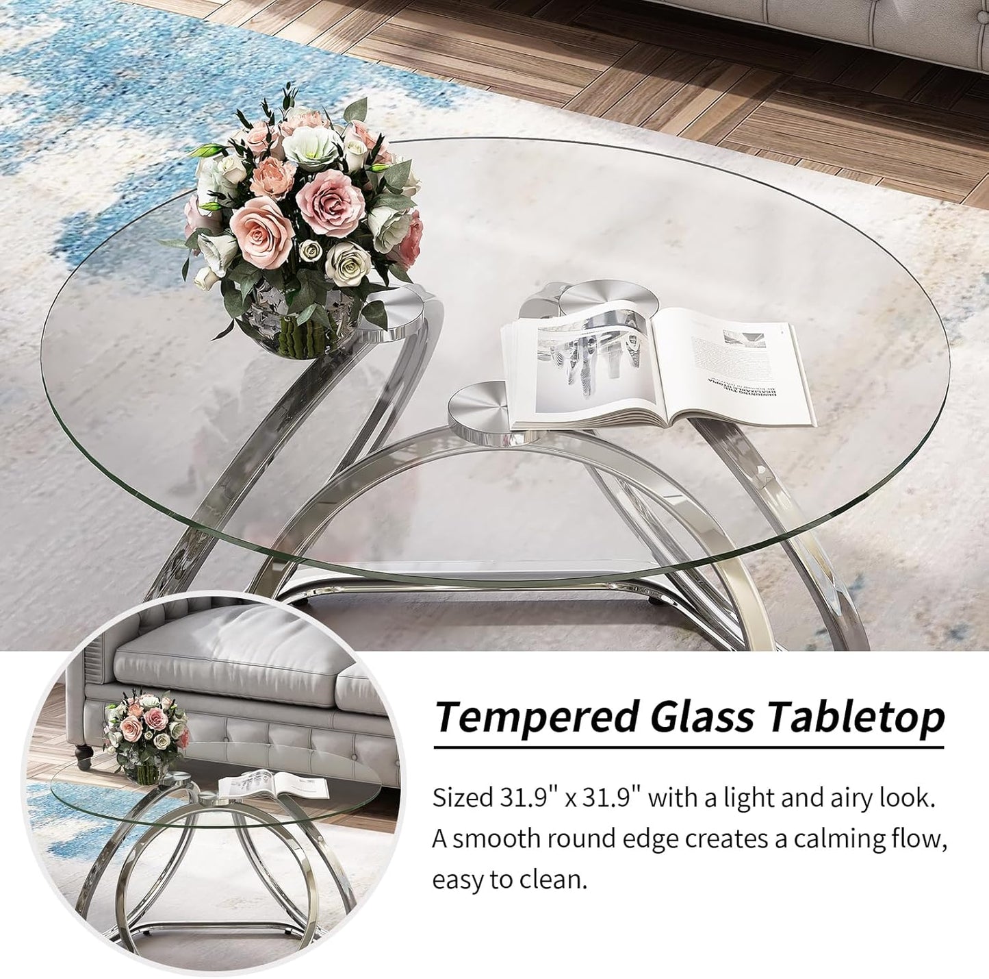 O&K FURNITURE Glass Coffee Table, Modern Silver Coffee Table Living Room Table with Hexagonal Base, Round Coffee Table for Home&Office, Chrome Finish, 1 PC
