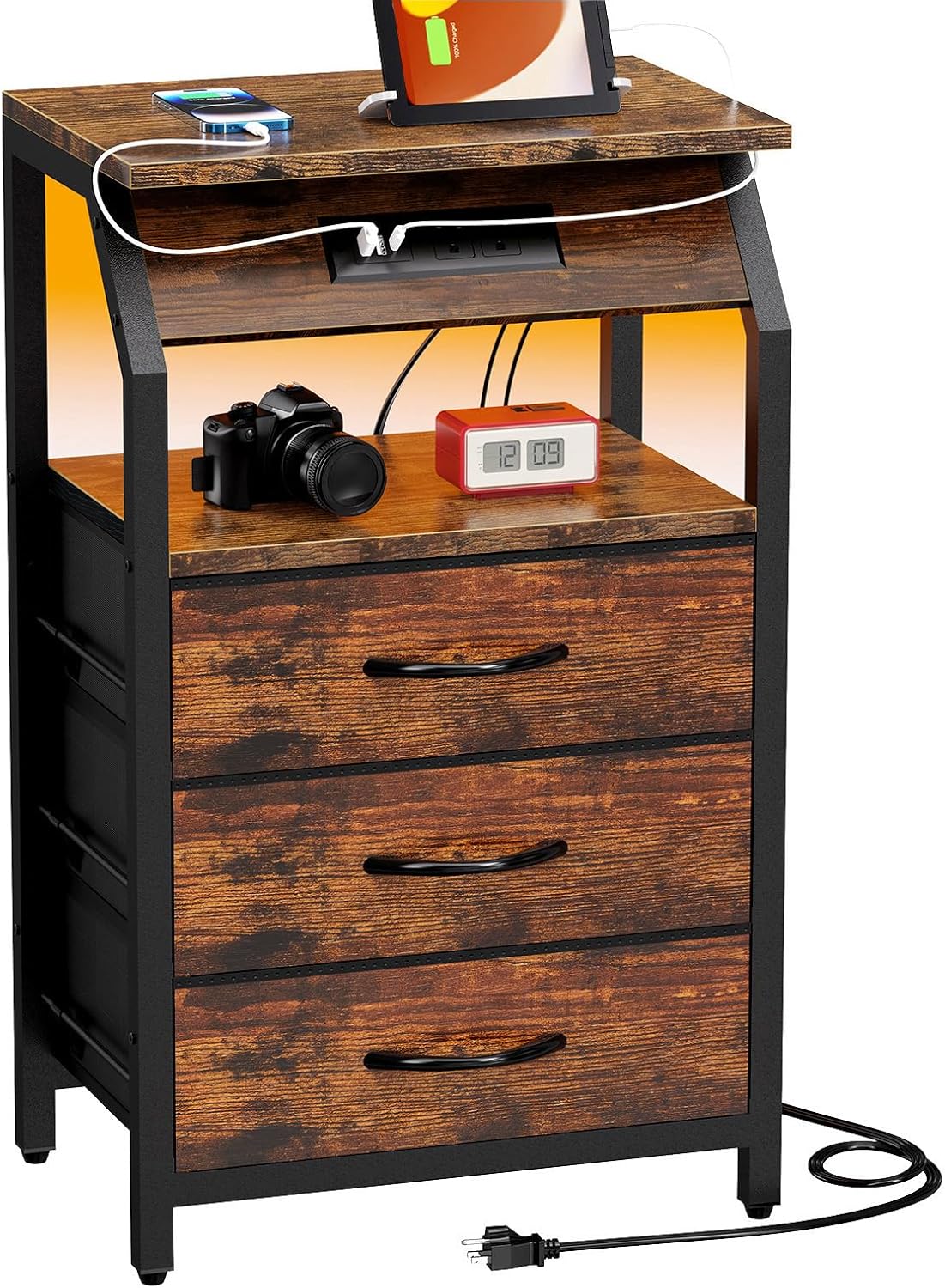 End Table with Charging Station, Nightstand with LED Lights and 3 Drawers, Small Dresser with Fabric Storage, Retro Side Table for Bedside, Living Room Dorm, Rustic Brown