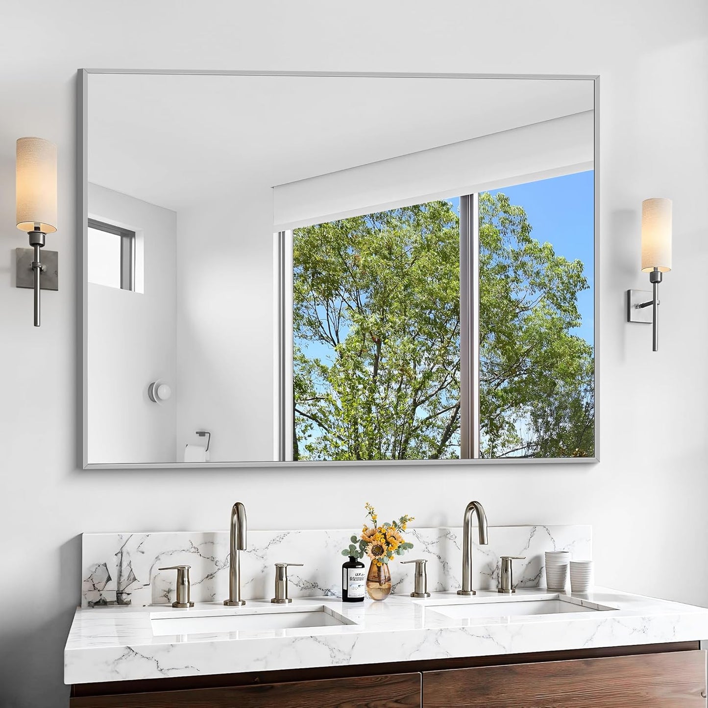 KOCUUY Silver Bathroom Mirror, 48"x36" Large Rectangular Mirror with Metal Frame, Brushed Nickel Vanity Mirror with Modern Design for Bathroom, Living Room, Entryway, Hang Horizontal/Vertical