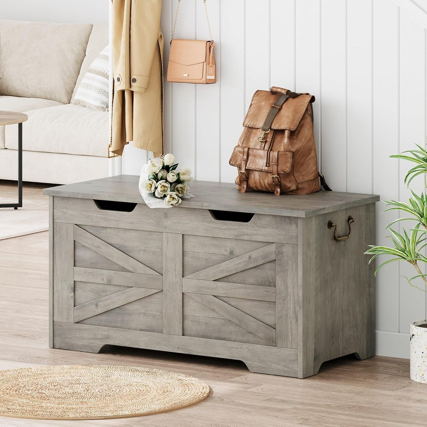 GarveeHome 39.4" Storage Chest, Toy Chest With Lids, Entryway Storage Bench with Safety Hinge, Wooden Storage Trunk, Supports 350 Lb, for Living Room, Bedroom,Gray