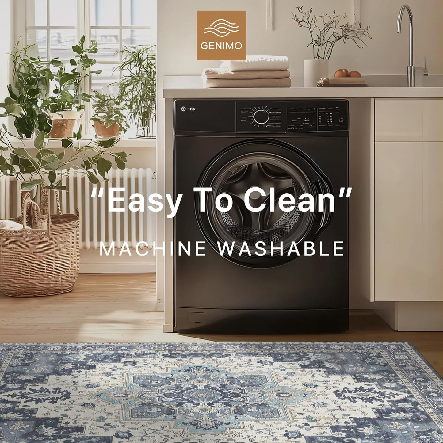 GENIMO 2x6 Runner Rugs for Hallway, Machine Washable Non Slip Vintage Rugs, Low Pile Lightweight Soft Print Rug for enrtyway, Corridor, Home Office, Kitchen, Center Blue