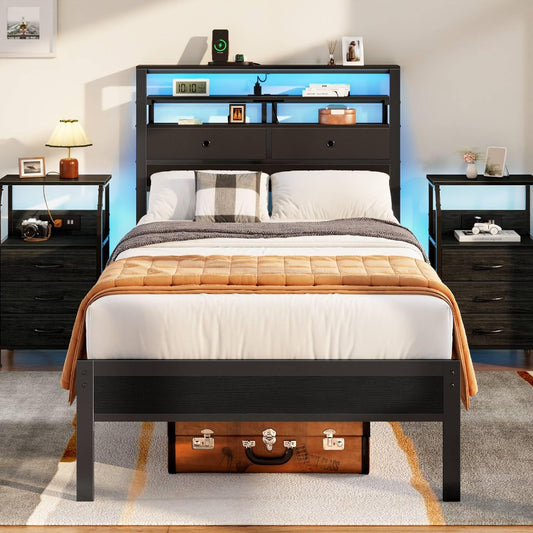 Furnulem Twin Bed Frames with Charging Station and LED Lights, Wood Headboard with 2 Fabric Drawers and Storage Shelves, Twin Size Platform Bed with Metal Slats, No Box Spring Needed, Black Oak