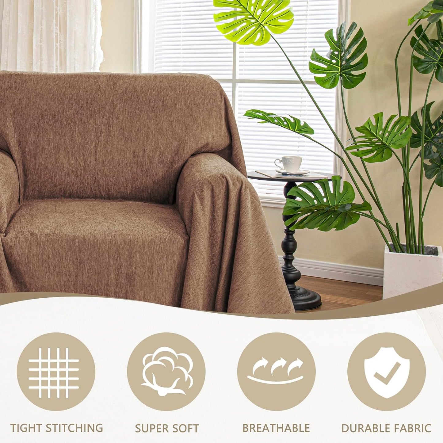 MYSKY HOME Oversized Armchair Couch Cover for 1 Cushion Couch, Washable Sofa Protector, Chair Couch Covers with Tassel Sofa Covers Sofa Throws Sofa Slipcovers Futon Cover for Pet, Kid, 71"X91", Camel