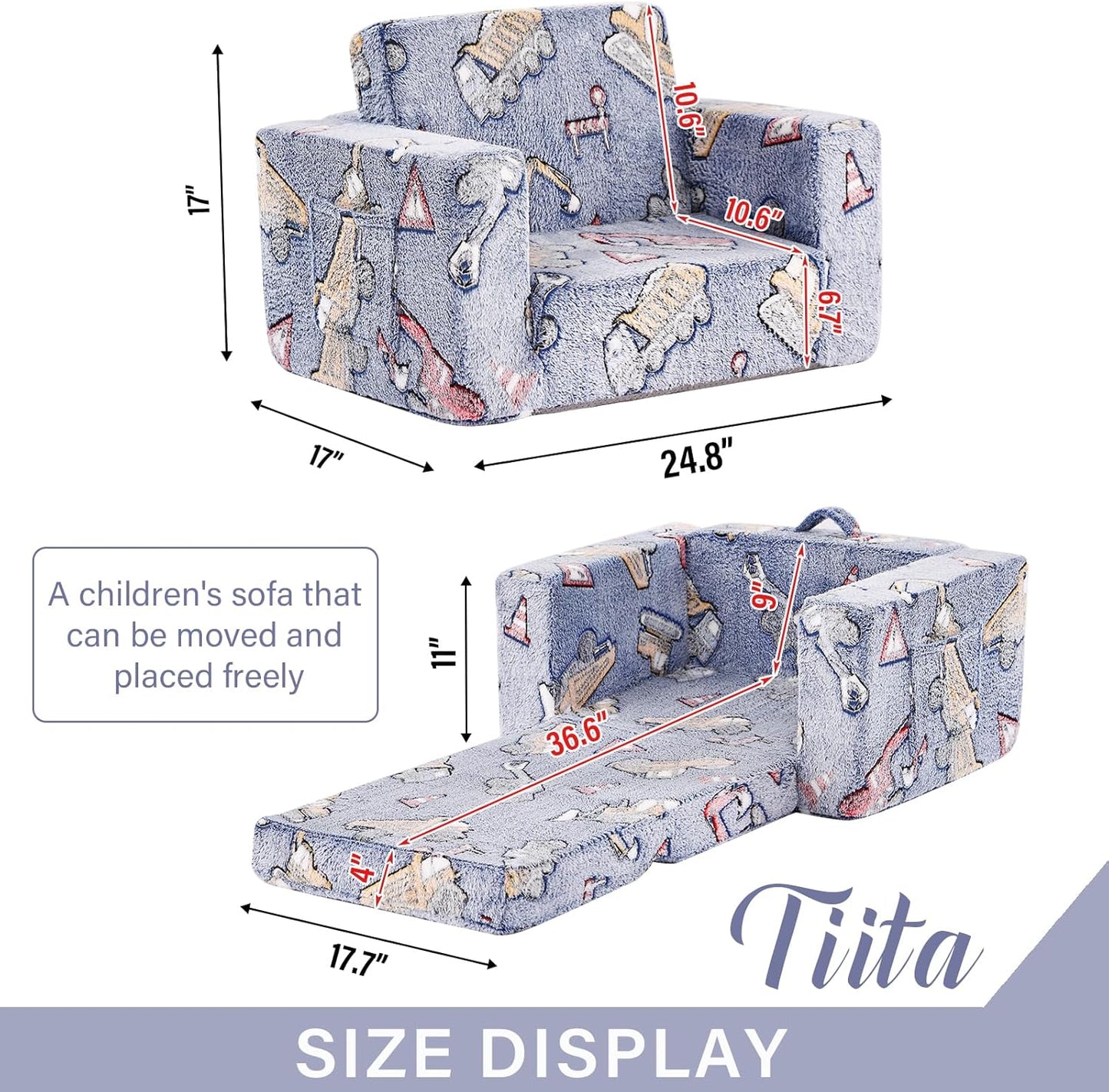 Tiita Kids Chair Couch, Folding Toddler Comfy Sofa Chairs, 2-in-1 Kids Plush Sofa Fold Out, Baby Armrest Chair to Lounger, Convertible Play Sofas to Bed for Girl or Boy, Vehicles