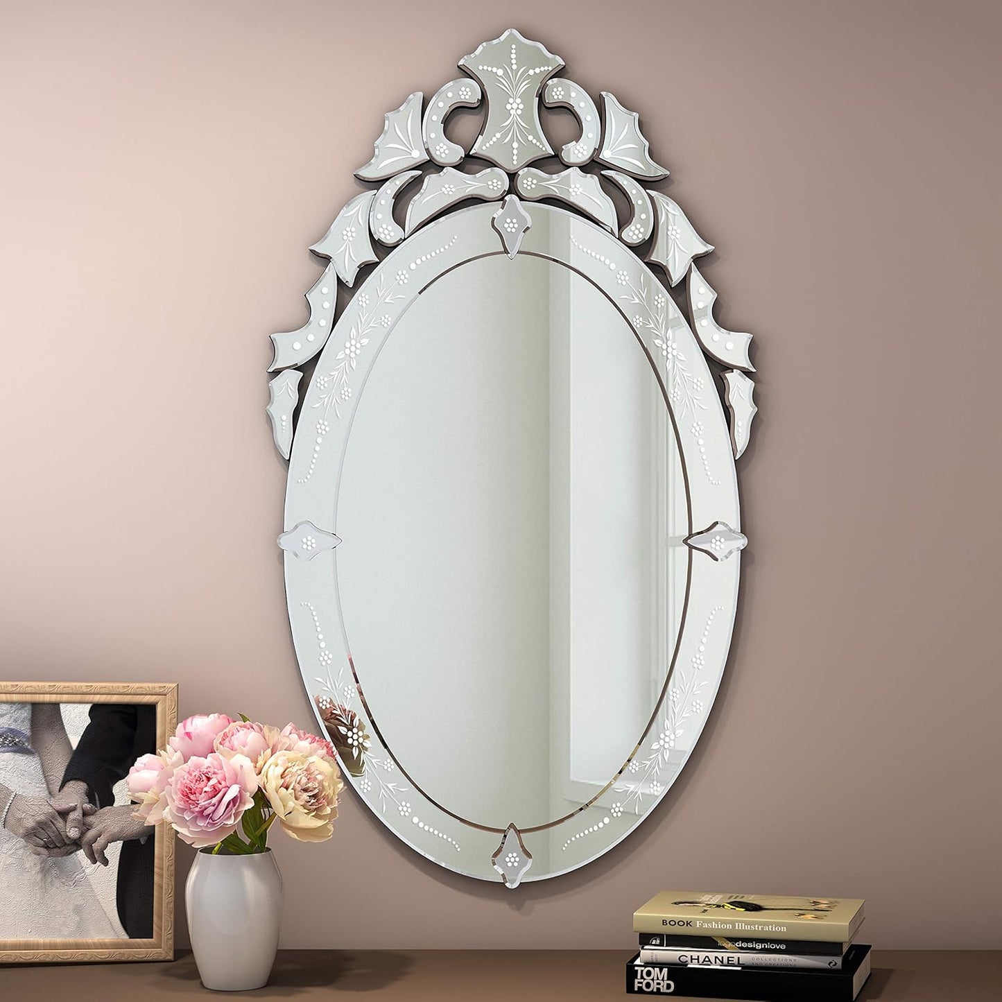 KOHROS Oval Bathroom Mirror 42" x 24" Venetian Mirror with Top Crown Floral Etched Frameless Decorative Wall Mirror for Vanity Bathroom Bedroom Living Room