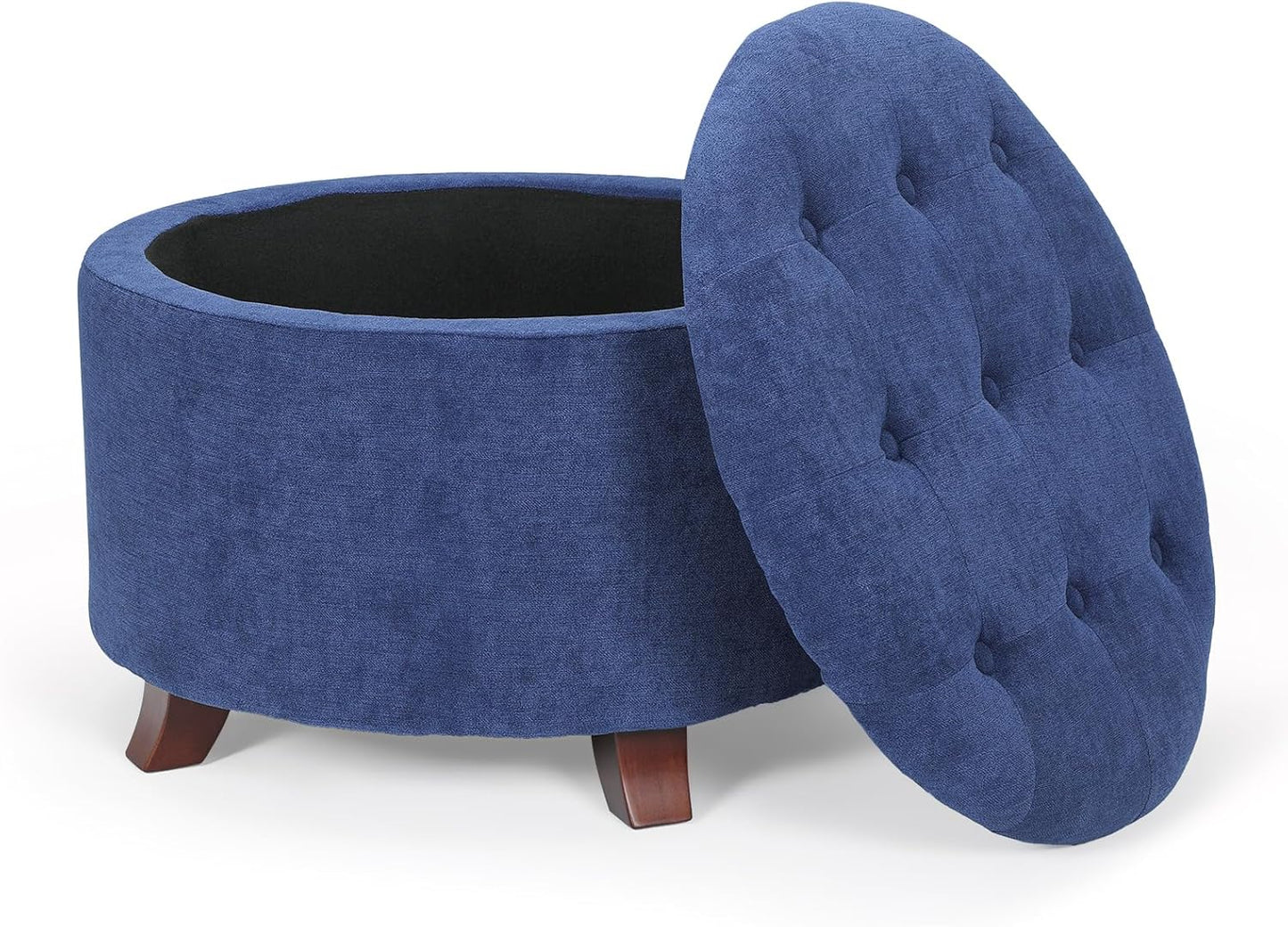 Athena Collection 24.5 Inch Small Ottoman with Storage, Round Linen Fabric Storage Ottoman Foot Rest with Removable Lid, Multipurpose Footstool Footrest for Livingroom, Bedroom, Dorm, Blue